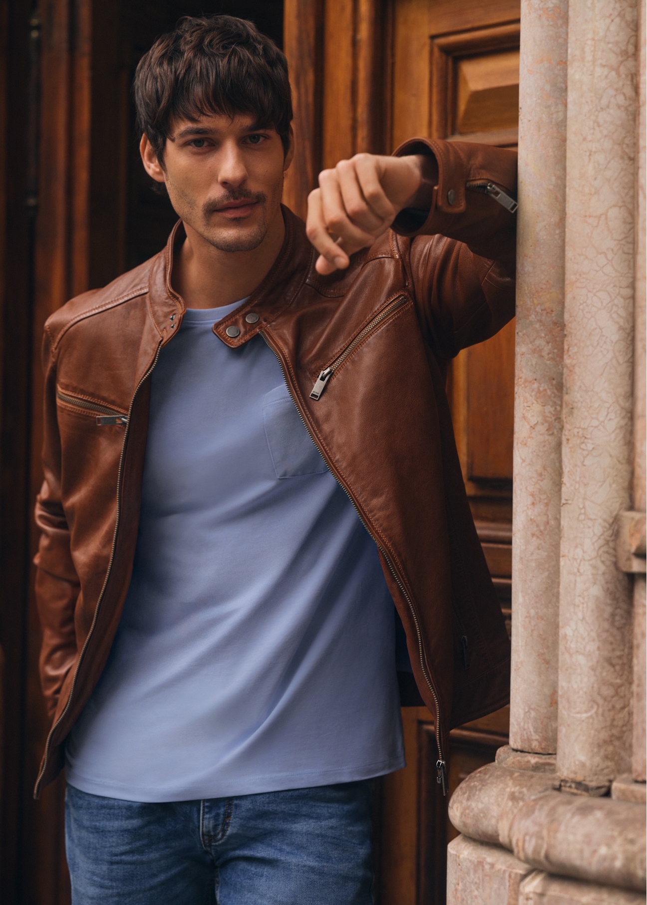 Svetlohnedá pánska kožená bunda KURMS-0326-1G(W26)