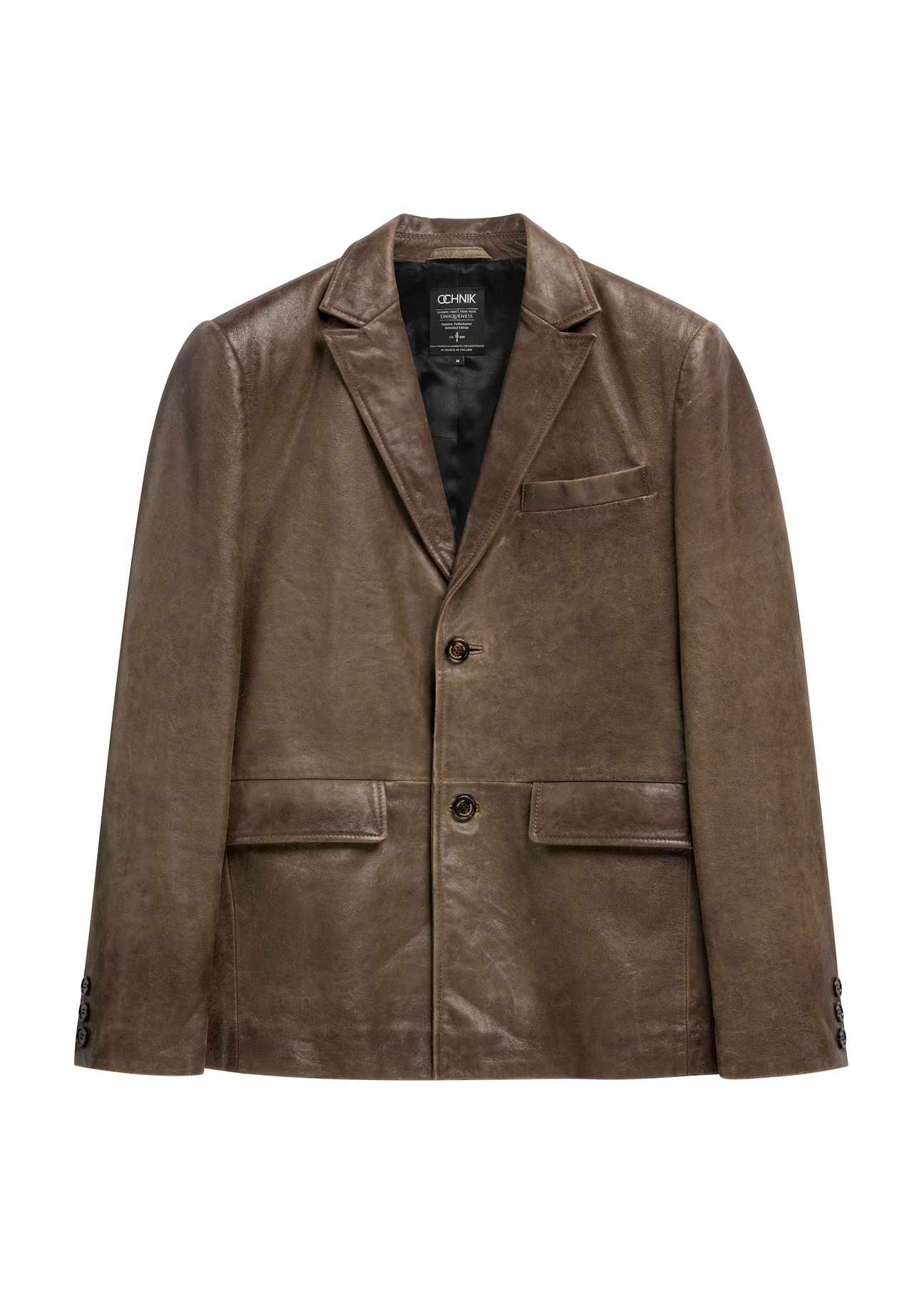 Pánska hnedá kožená bunda KURMS-0402-1H(W26) - pohľad spredu na produkt, na bielom pozadí.