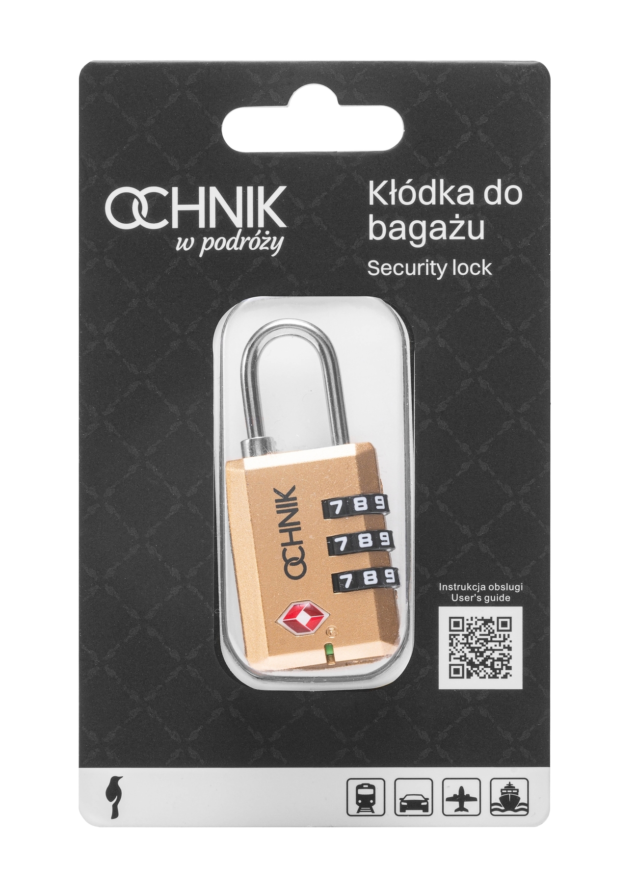 Zlatý kombinovaný zámok TSA AW-015-0002-28(W25), pohľad na produkt v balení na bielom pozadí.