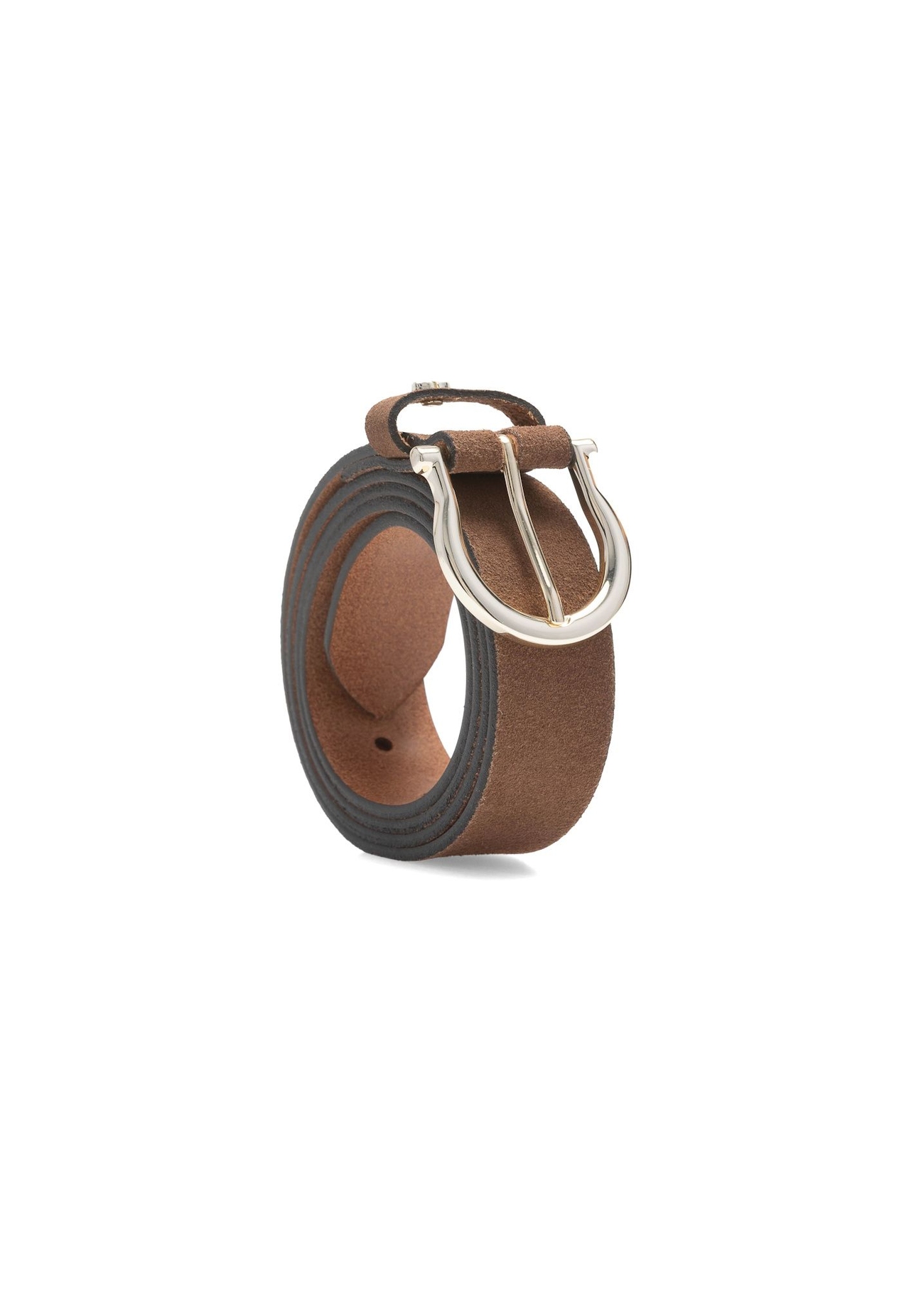 Hnedý dámsky kožený opasok PASDS-0274-1H(W26), diagonálny pohľad na produkt na bielom pozadí.