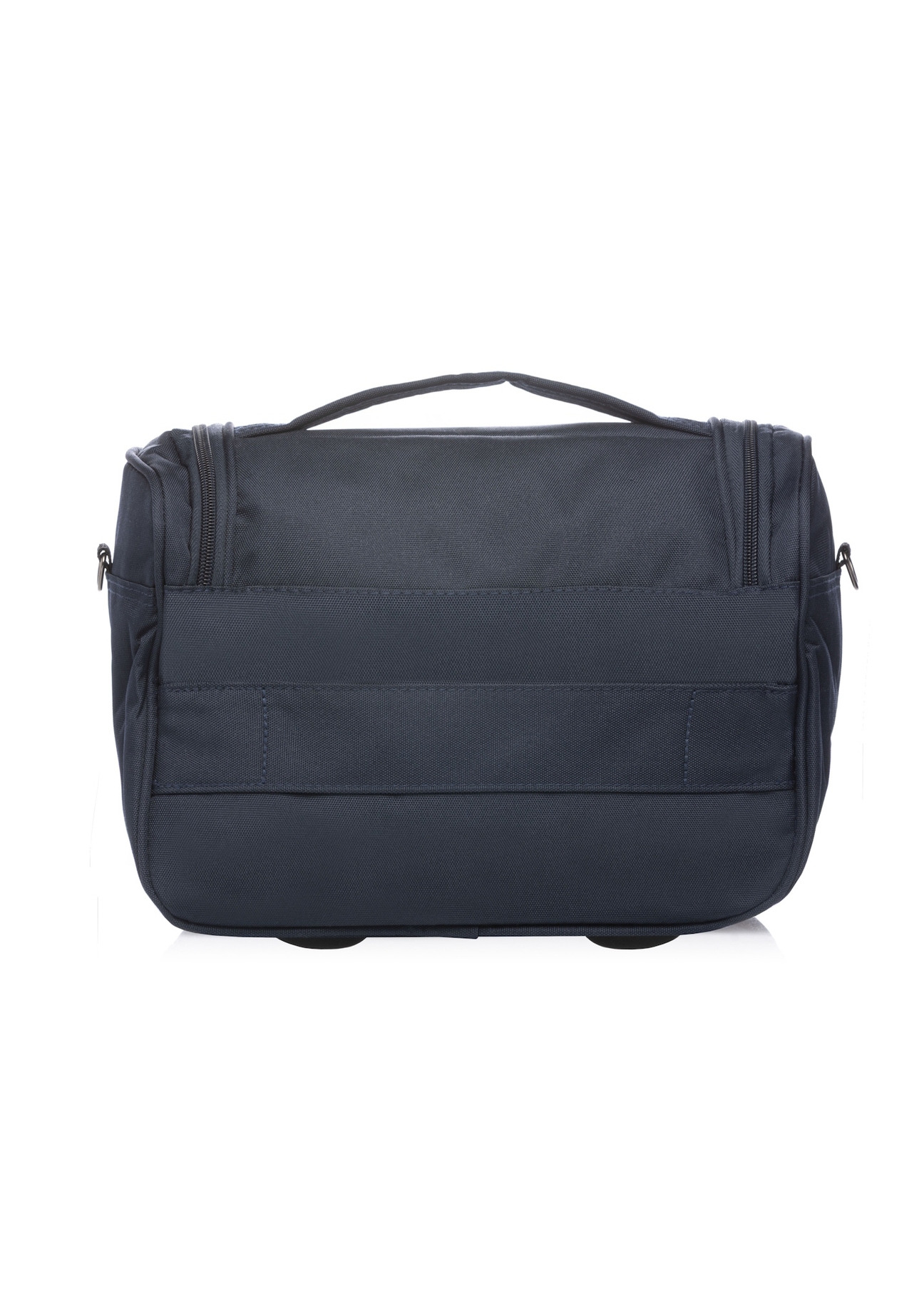 Veľká kozmetická taška v tmavomodrej farbe WALNY-0045-7D-14(W26), pohľad zozadu na produkt na bielom pozadí.