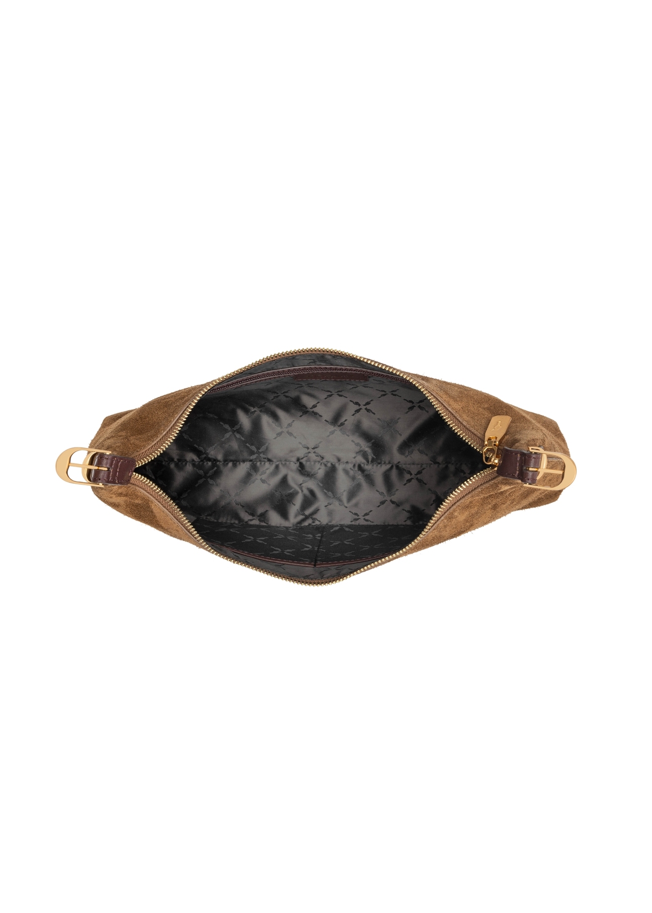 Dámska semišová kabelka v ťavej farbe TORES-1303-1D(W26), pohľad na produkt vo vnútri na bielom pozadí.