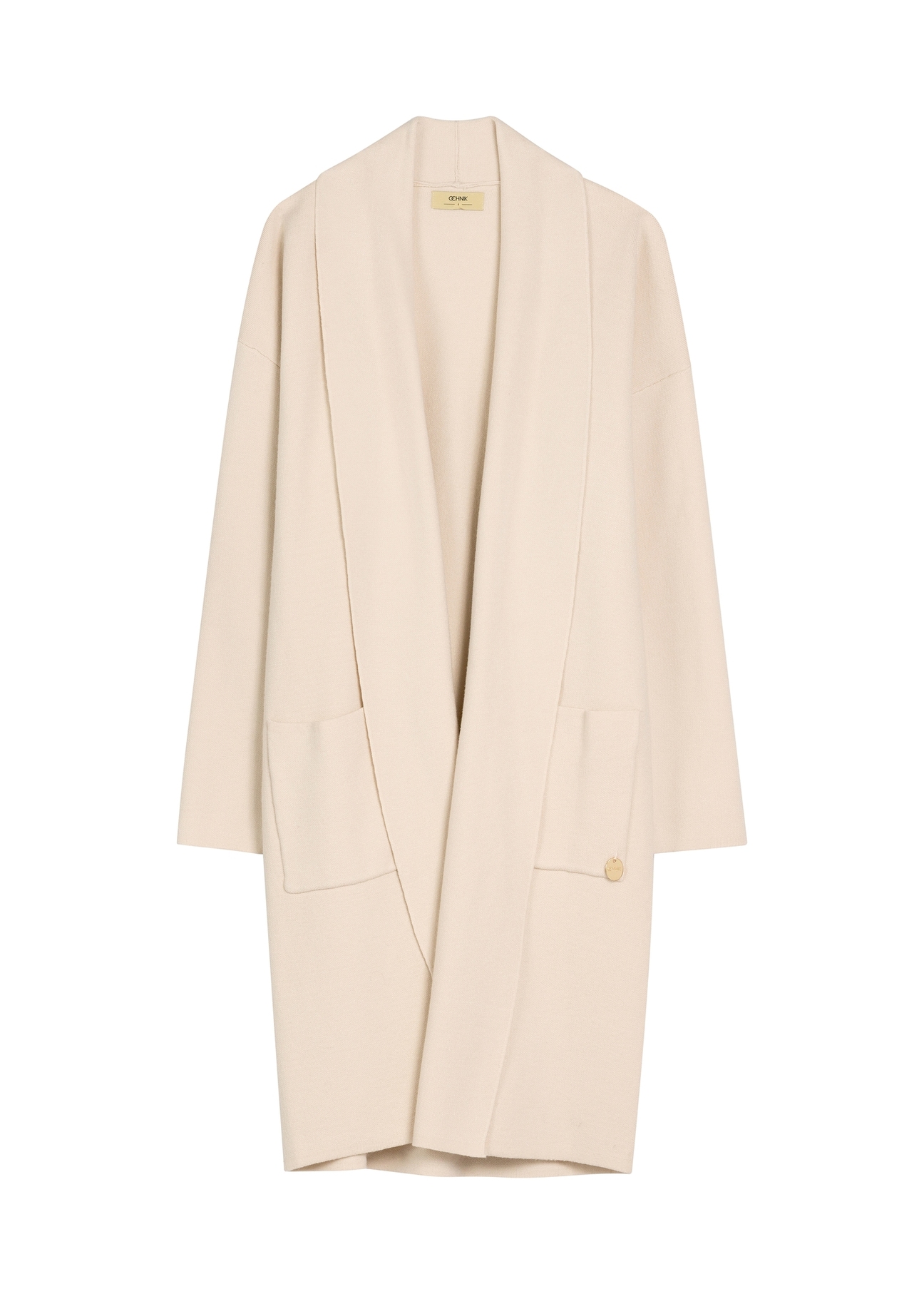 Béžový dámsky kardigan KARDT-0041-1A(W26), pohľad na produkt spredu na bielom pozadí.