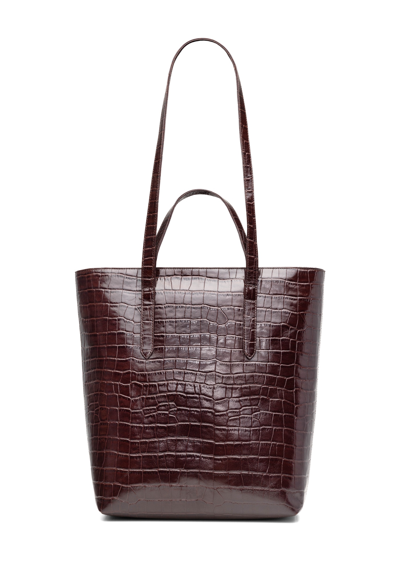 Veľká hnedá kožená dámska kabelka v krokodílej farbe TORES-1232-1H(W26), pohľad na produkt zozadu na bielom pozadí.