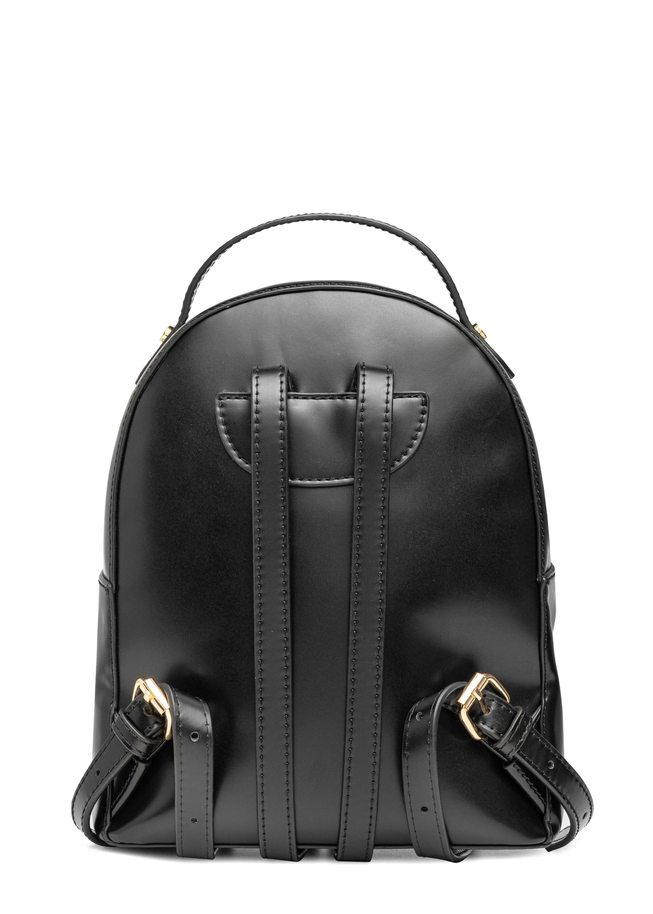 Malý čierny dámsky batoh TOREC-1128-99(W26), pohľad na produkt zozadu na bielom pozadí.