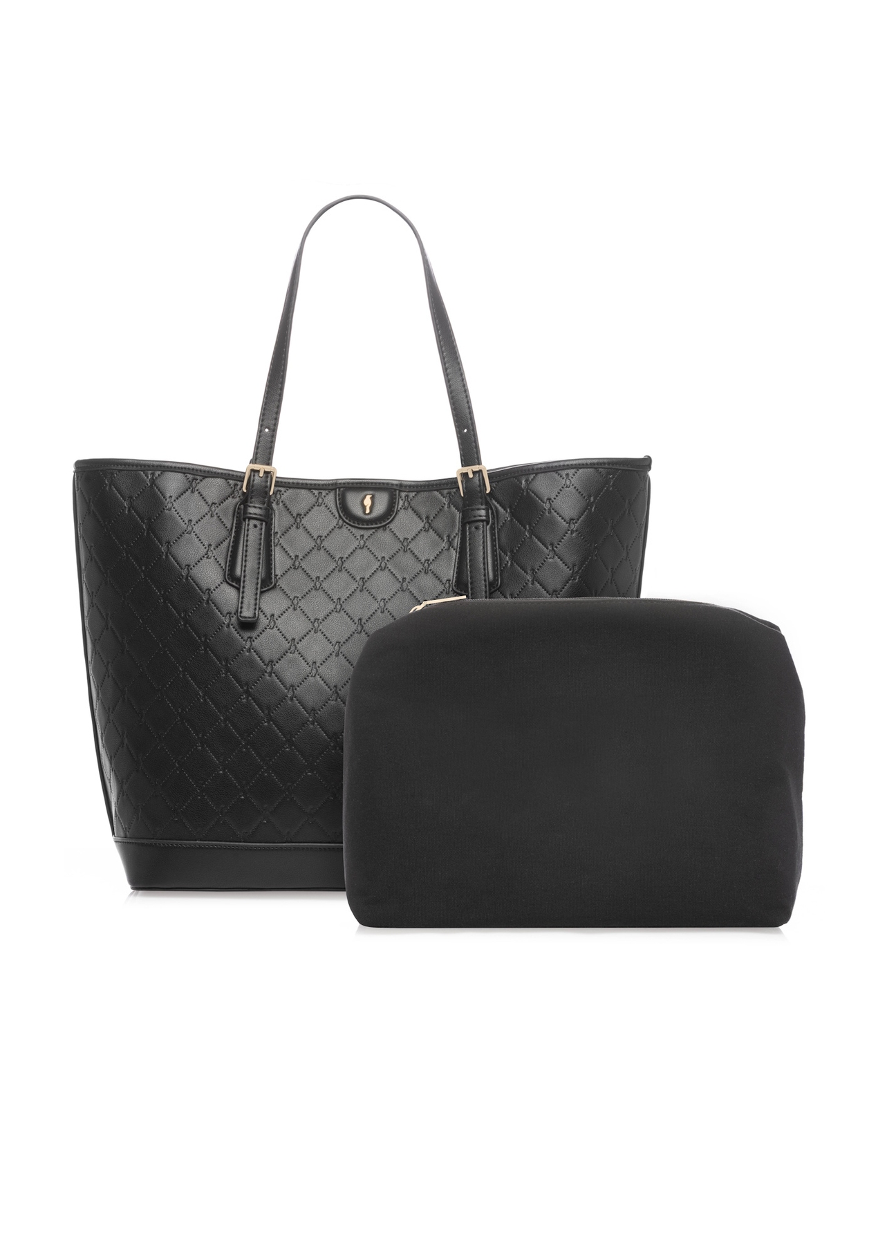 Čierna nákupná taška s monogramom TOREC-1181-9P(W26), pohľad spredu na bielom pozadí.