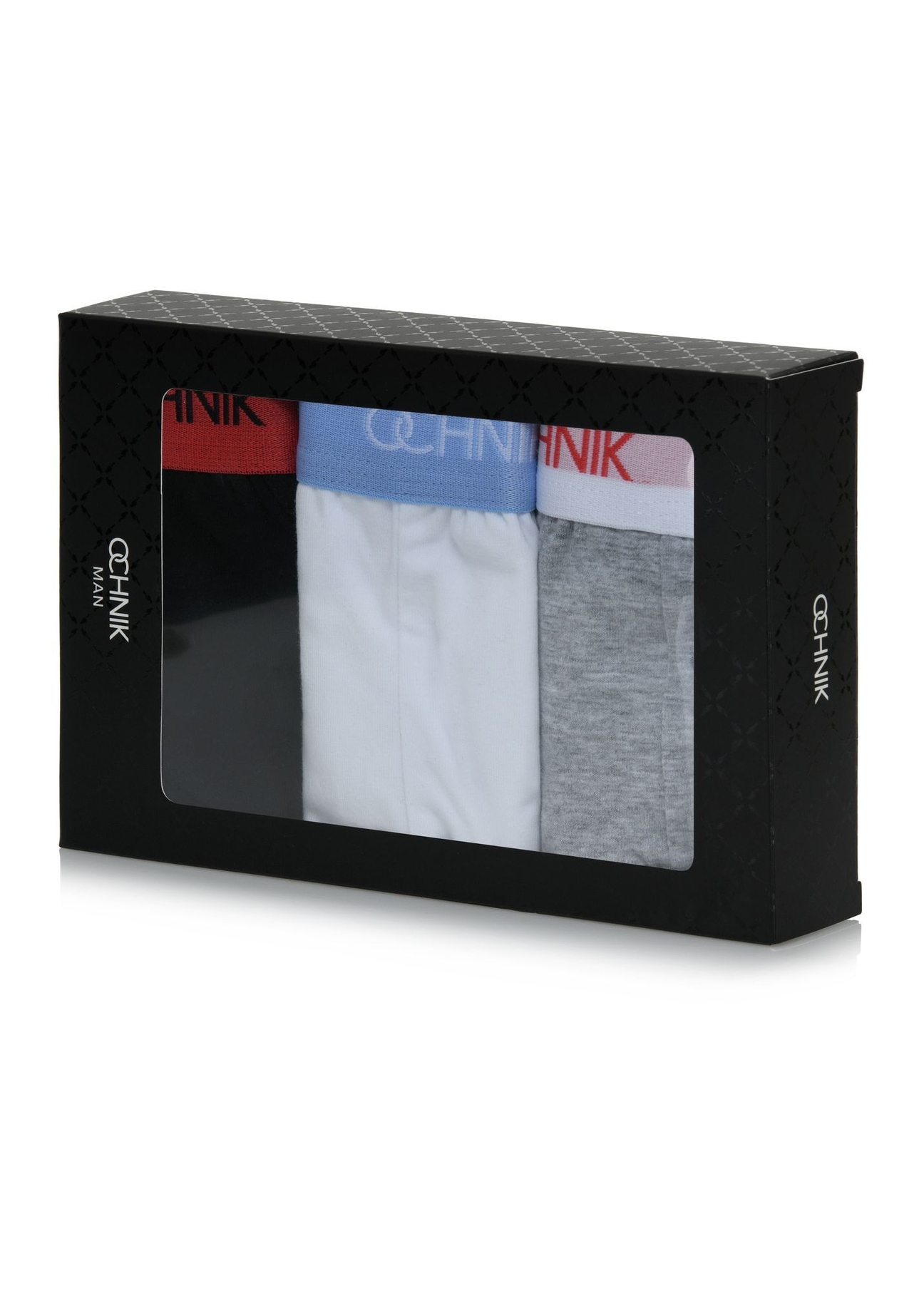 Balenie troch farebných pánskych slipov ZESMS-0002-00(W26), pohľad na produkt v balení na bielom pozadí.