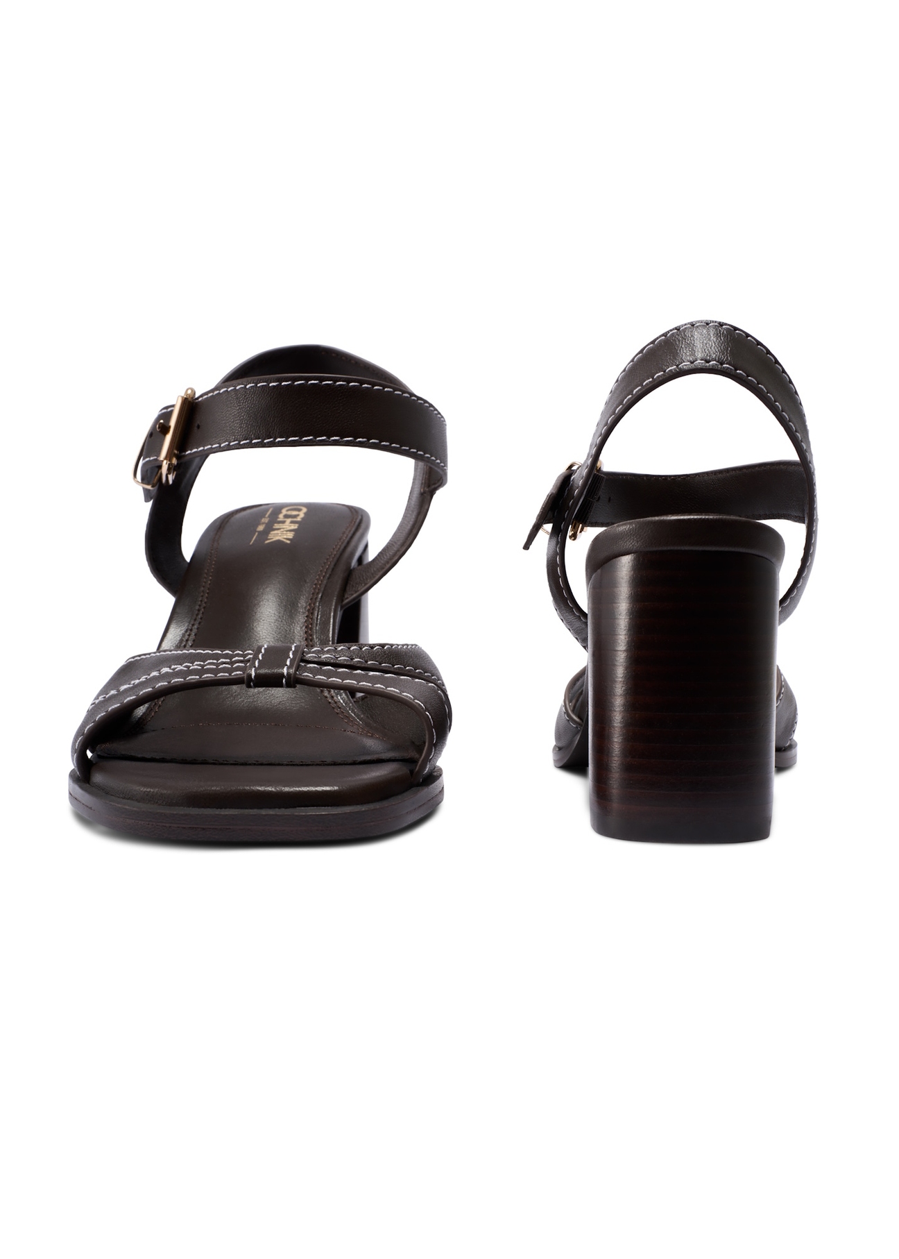 Tmavohnedé kožené sandále na blokovom podpätku BUTYD-1232-1I(W26), pohľad na produkt spredu a zozadu na bielom pozadí.