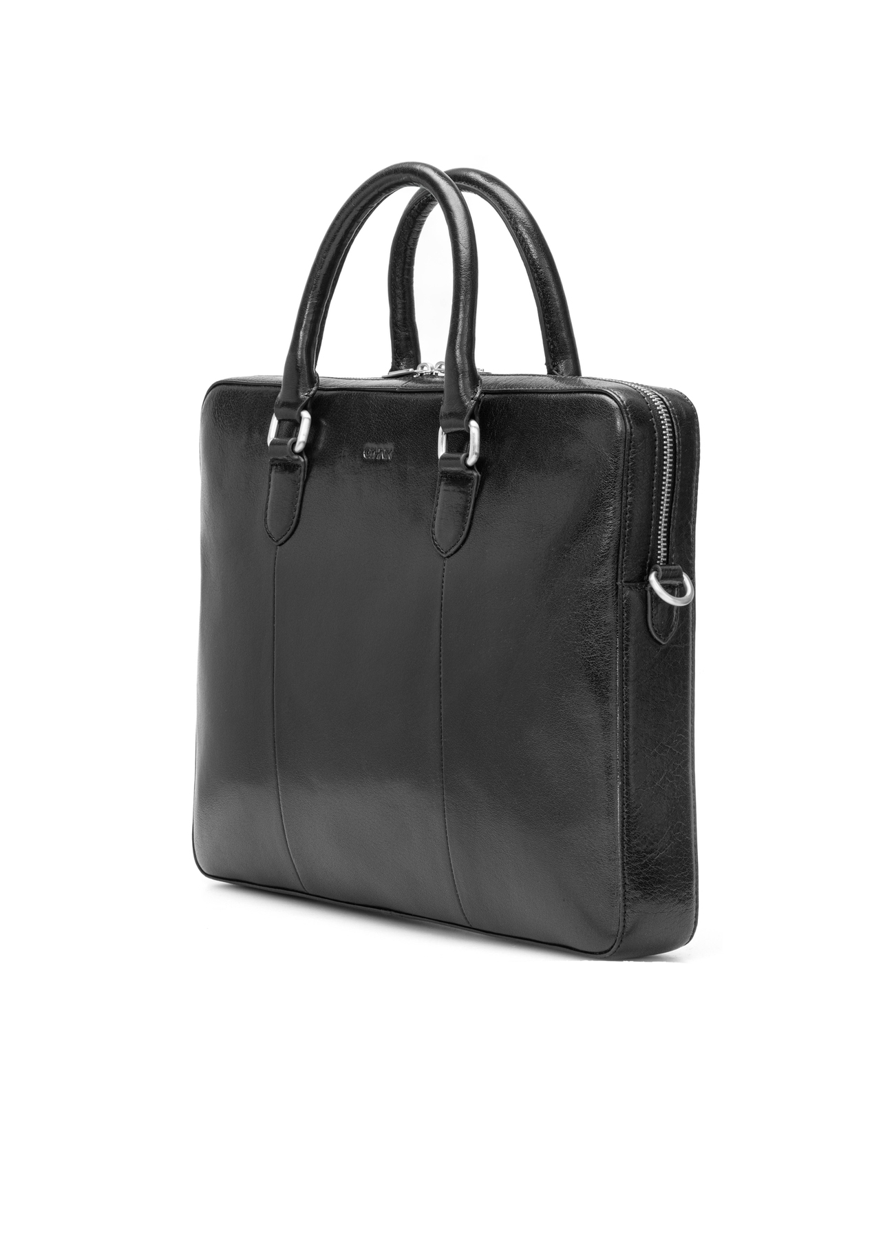 Čierna kožená pánska taška na notebook TORMS-0506-99(W26) - diagonálny pohľad na produkt na bielom pozadí.