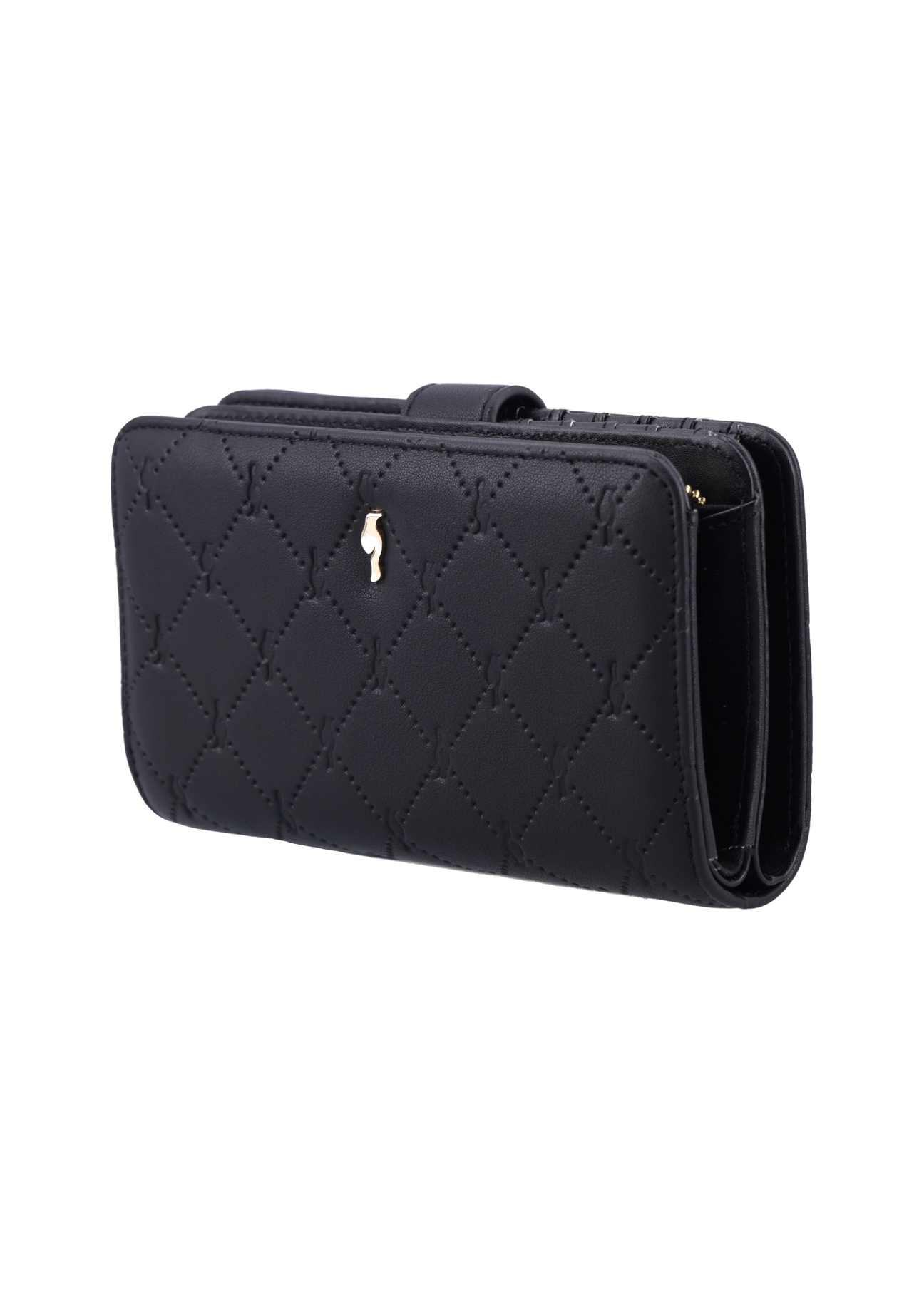 Čierna dámska peňaženka s monogramom POREC-0391A-9P(Z26), diagonálny pohľad na produkt na bielom pozadí.
