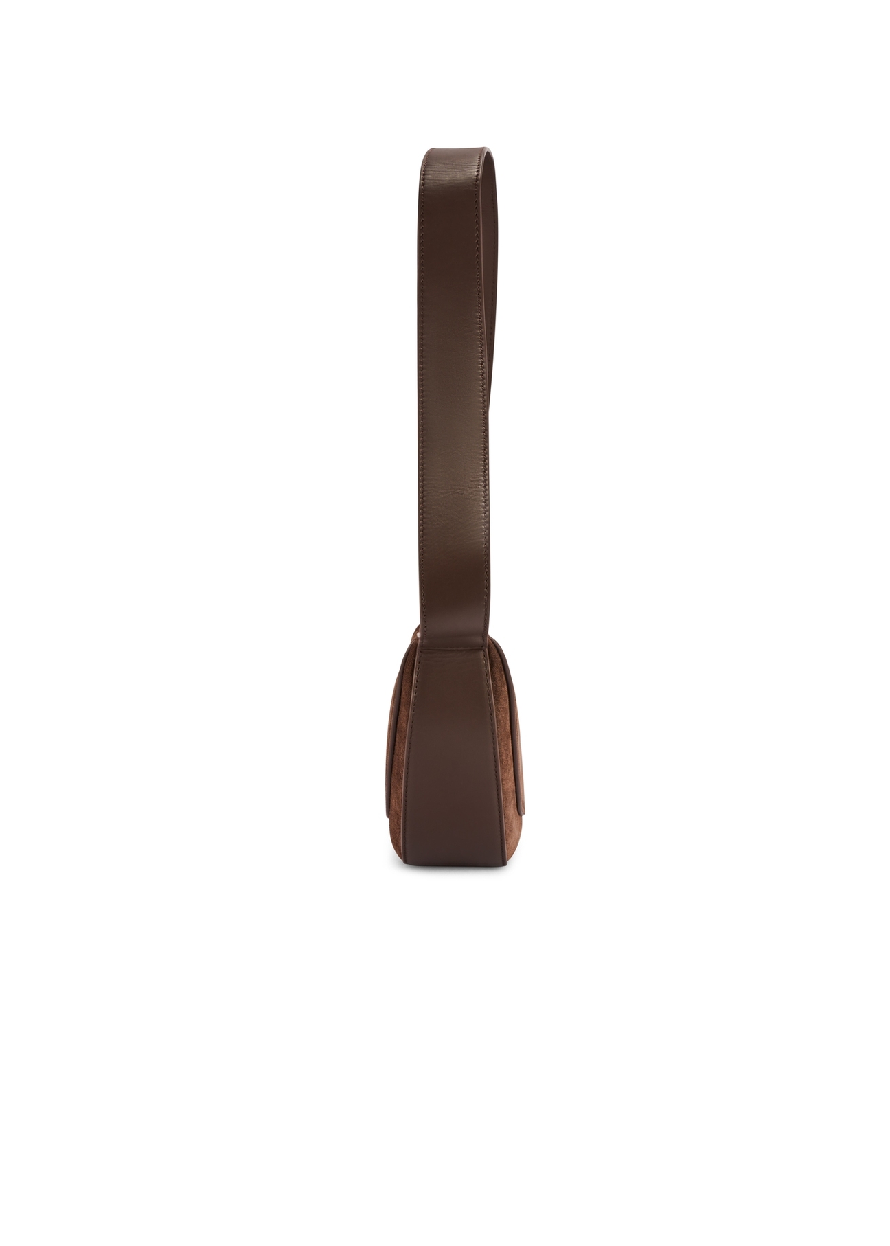 Hnedá semišová polkruhová dámska kabelka TORES-1178-89(Z25) - bočný pohľad na produkt na bielom podklade.