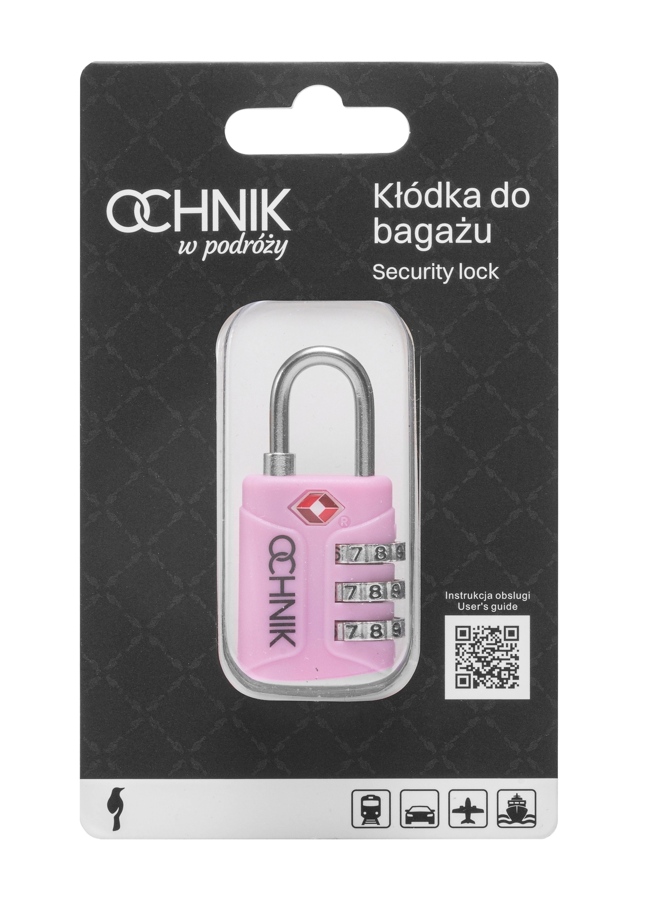 Ružový kombinovaný zámok TSA AW-015-0003-34(W25), pohľad na produkt v balení na bielom pozadí.