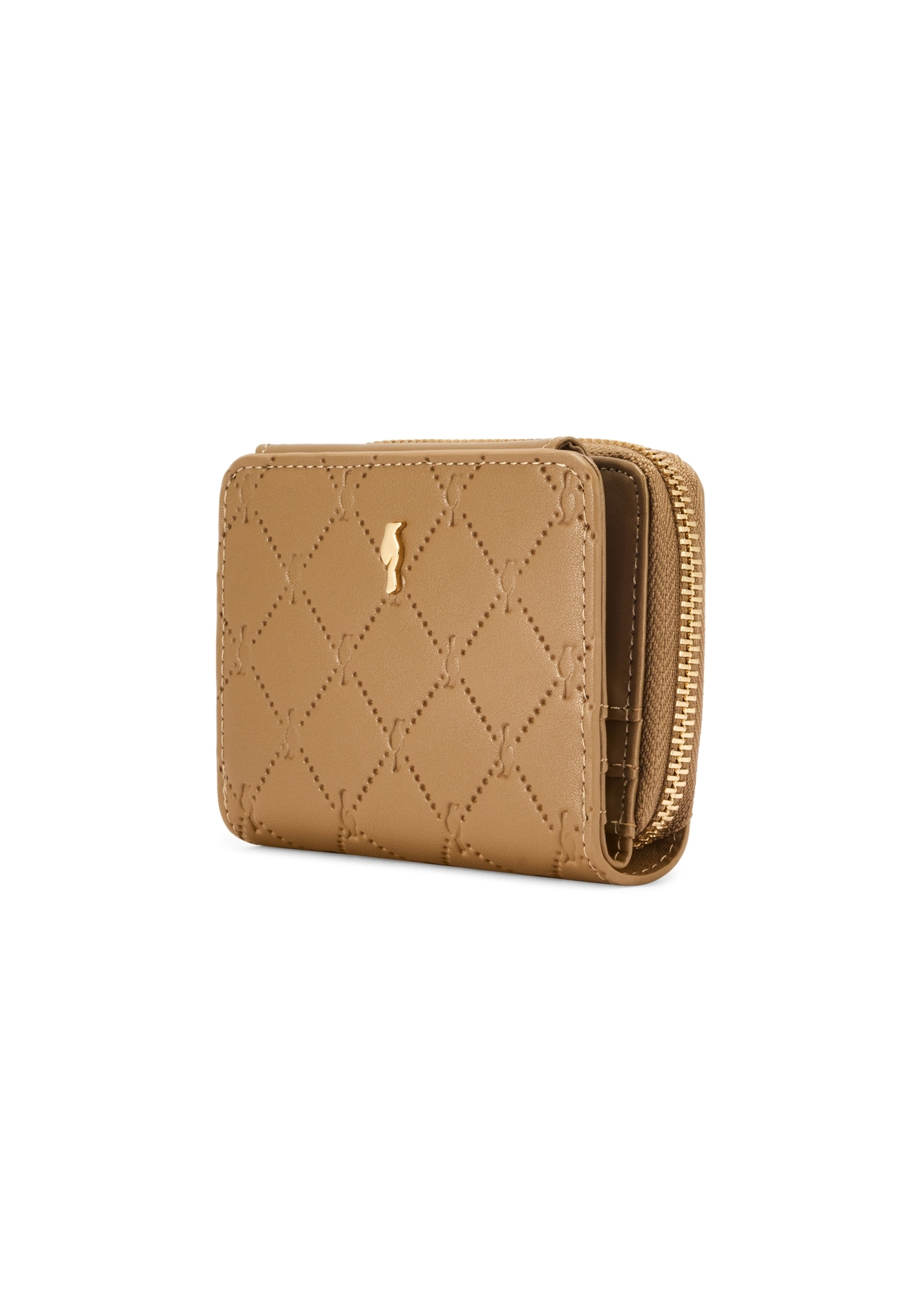 Malá béžová dámska peňaženka s monogramom POREC-0349A-81(Z25), diagonálny pohľad na produkt na bielom pozadí.