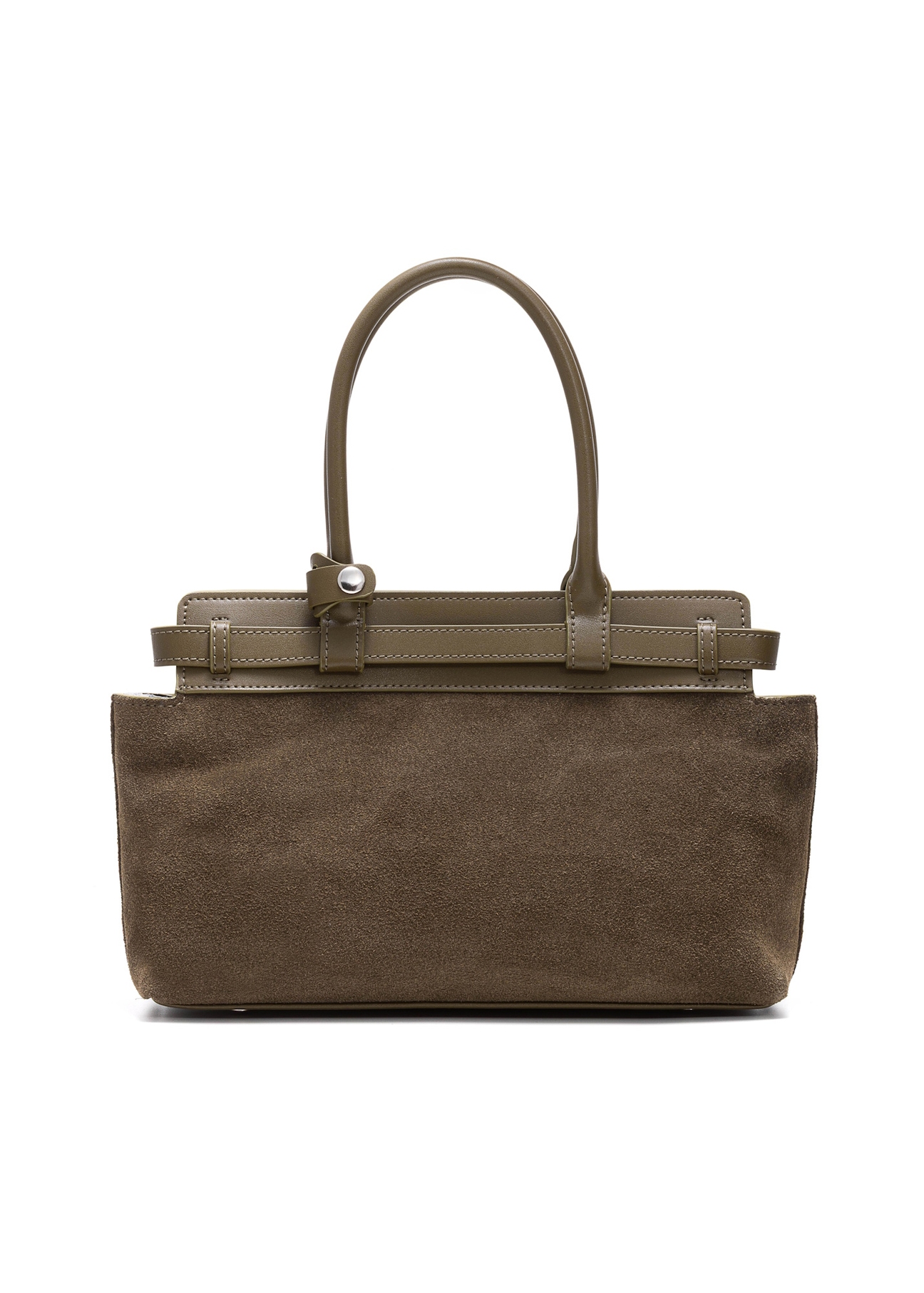 Dámska semišová kabelka TORES-1192-55(Z25) v khaki farbe, pohľad zozadu na produkt na bielom podklade.