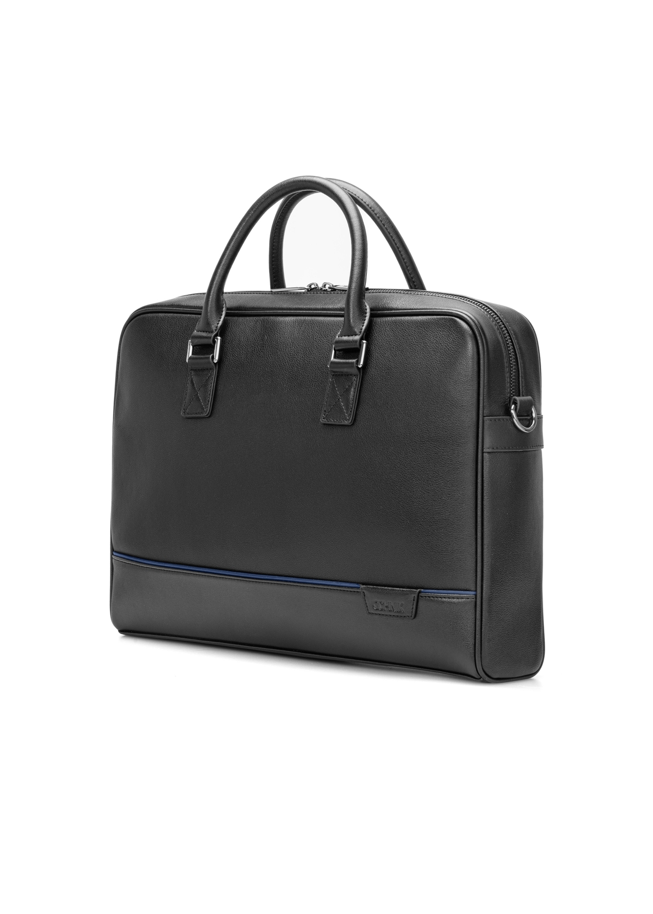 Čierna kožená taška na notebook TORMS-0494-99(W26) - diagonálny pohľad na produkt, na bielom pozadí.