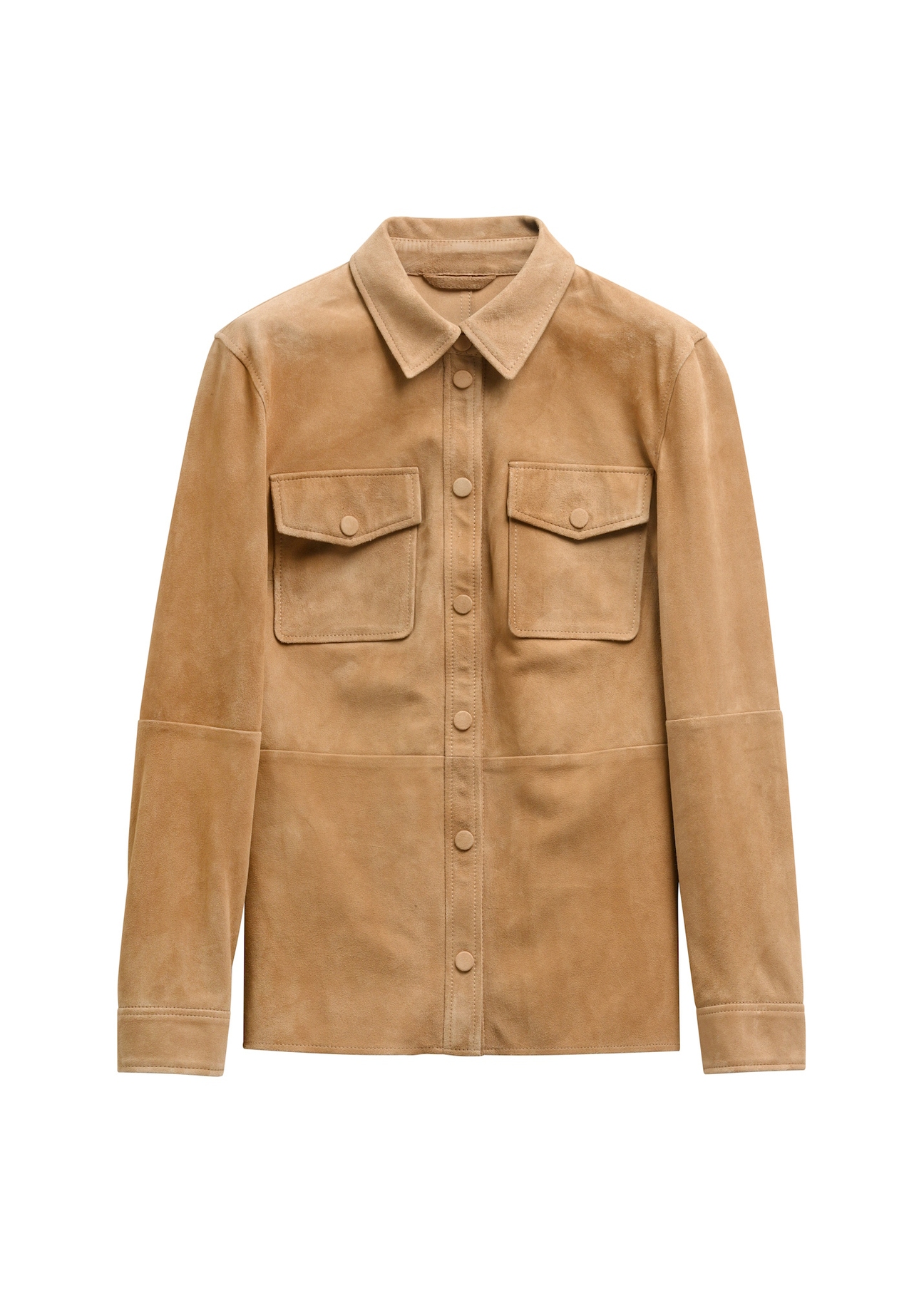 Béžová dámska kožená košeľa KOSDS-0006-1B(W26) - pohľad spredu na produkt, na bielom pozadí.