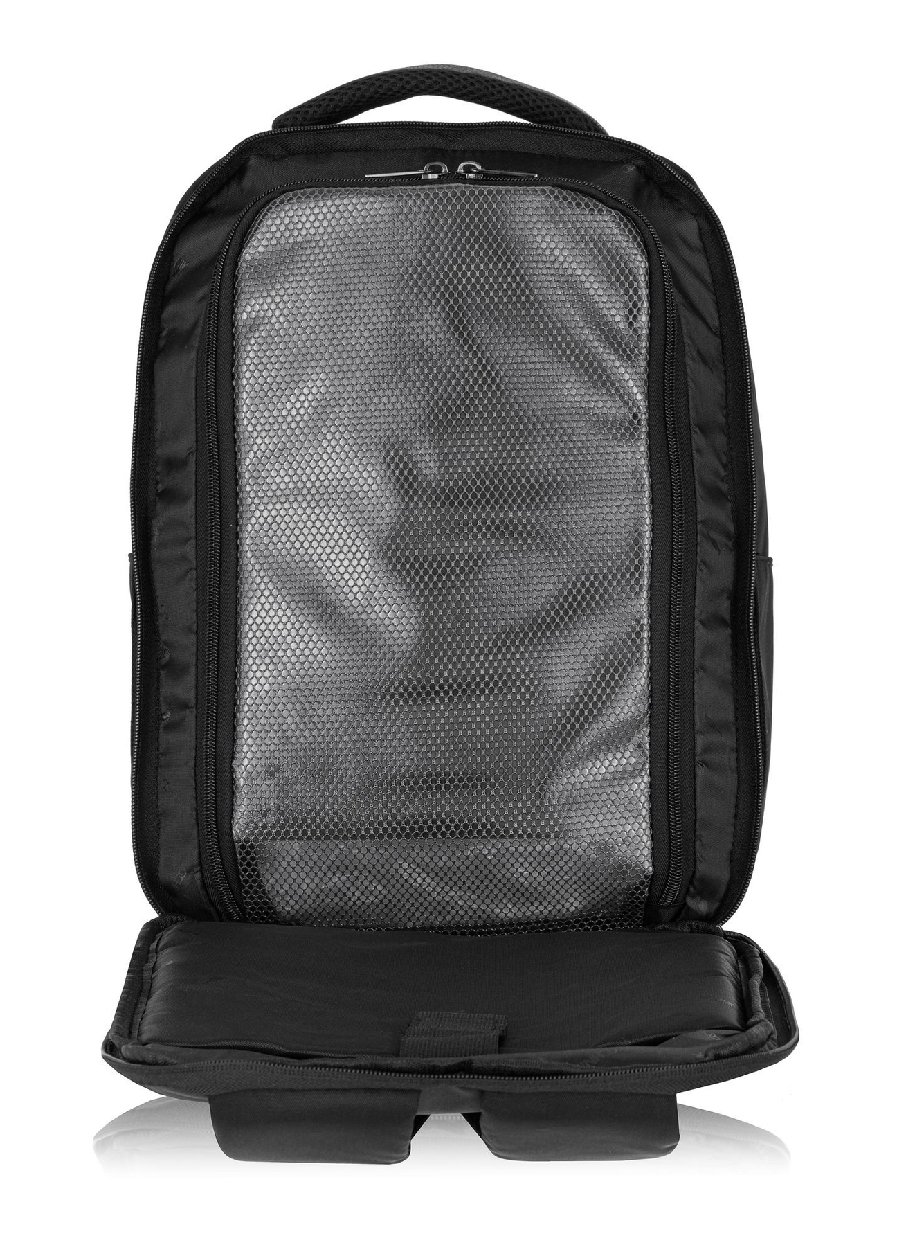 Čierny batoh PLCMN-0014A-99(Z25), pohľad na produkt vo vnútri na bielom pozadí.