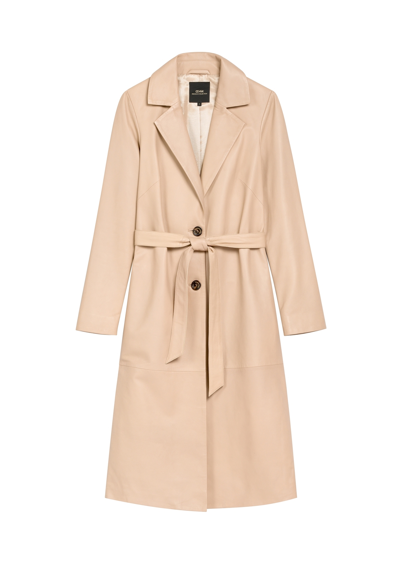 Dámsky béžový kožený kabát KURDS-0613-1B(W26), pohľad spredu na bielom pozadí.