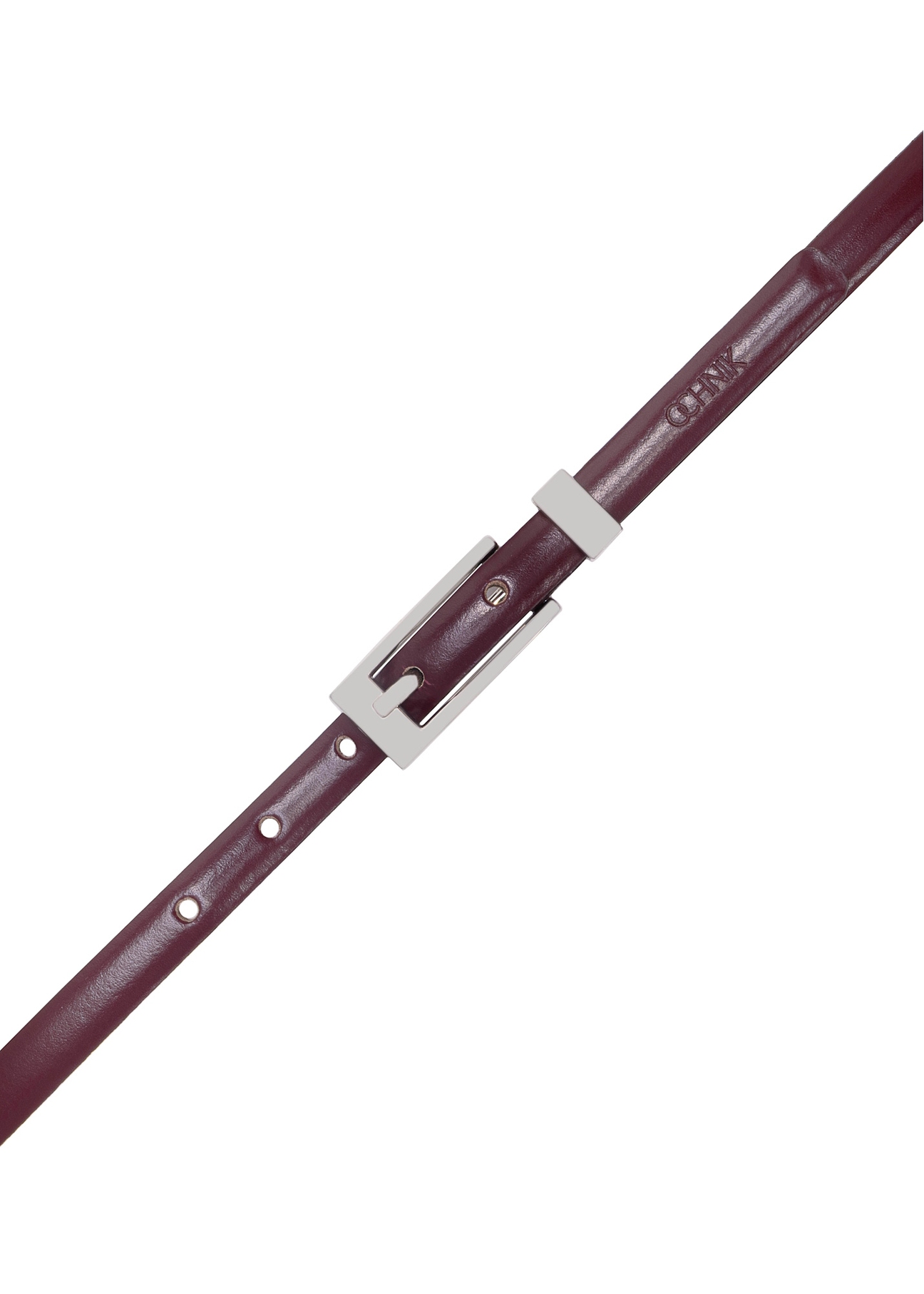 Tenký dámsky kožený opasok bordovej farby PASDS-0150C-49(Z25), pohľad na produkt s prackou na bielom pozadí.