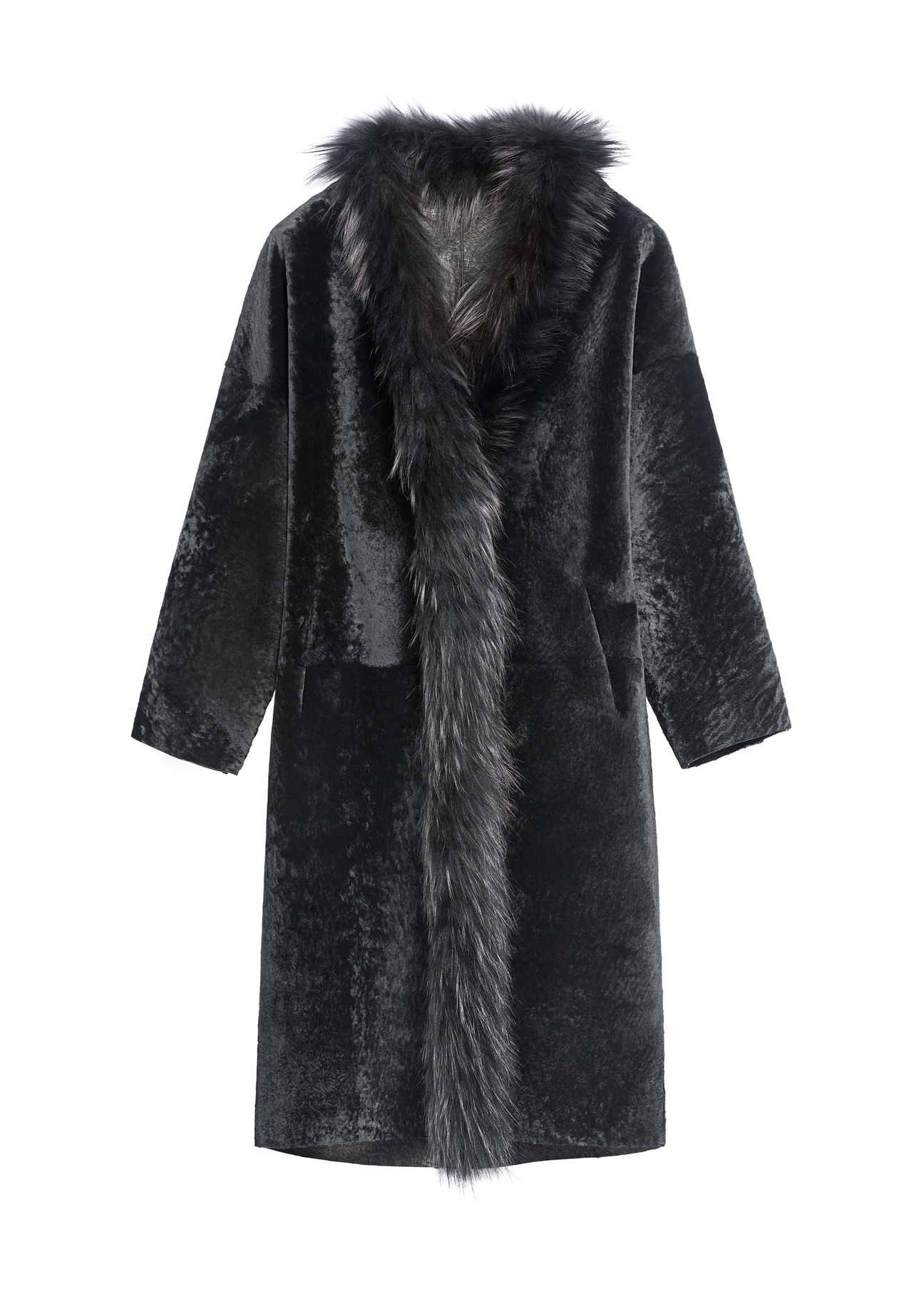 Čierny kožený obojstranný dámsky kabát z ovčej kože KOZDS-0093-1396(Z25), pohľad na produkt spredu na bielom podklade.