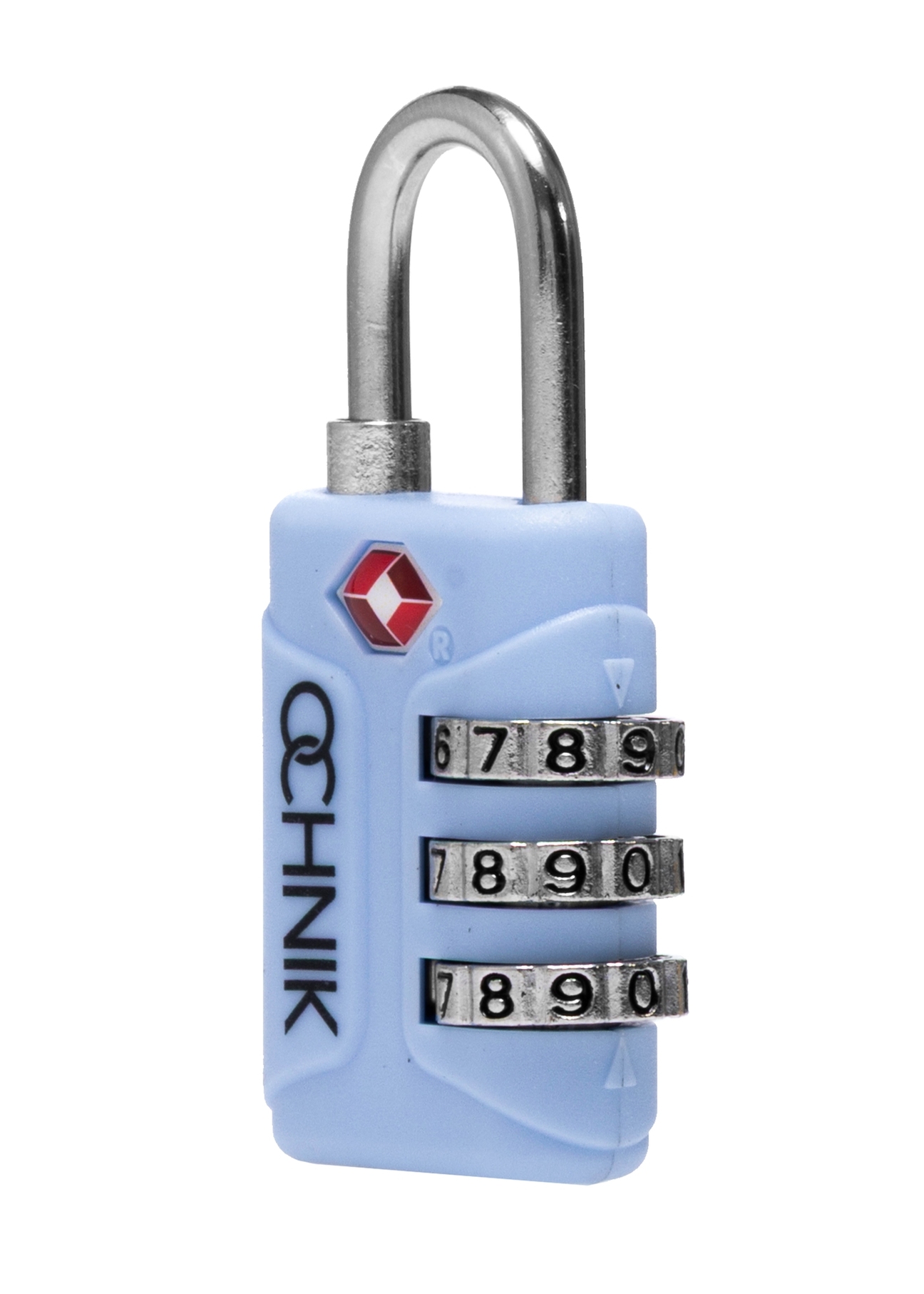 Modrý kombinovaný zámok TSA AW-015-0003-61(W25), diagonálny pohľad na produkt na bielom pozadí.