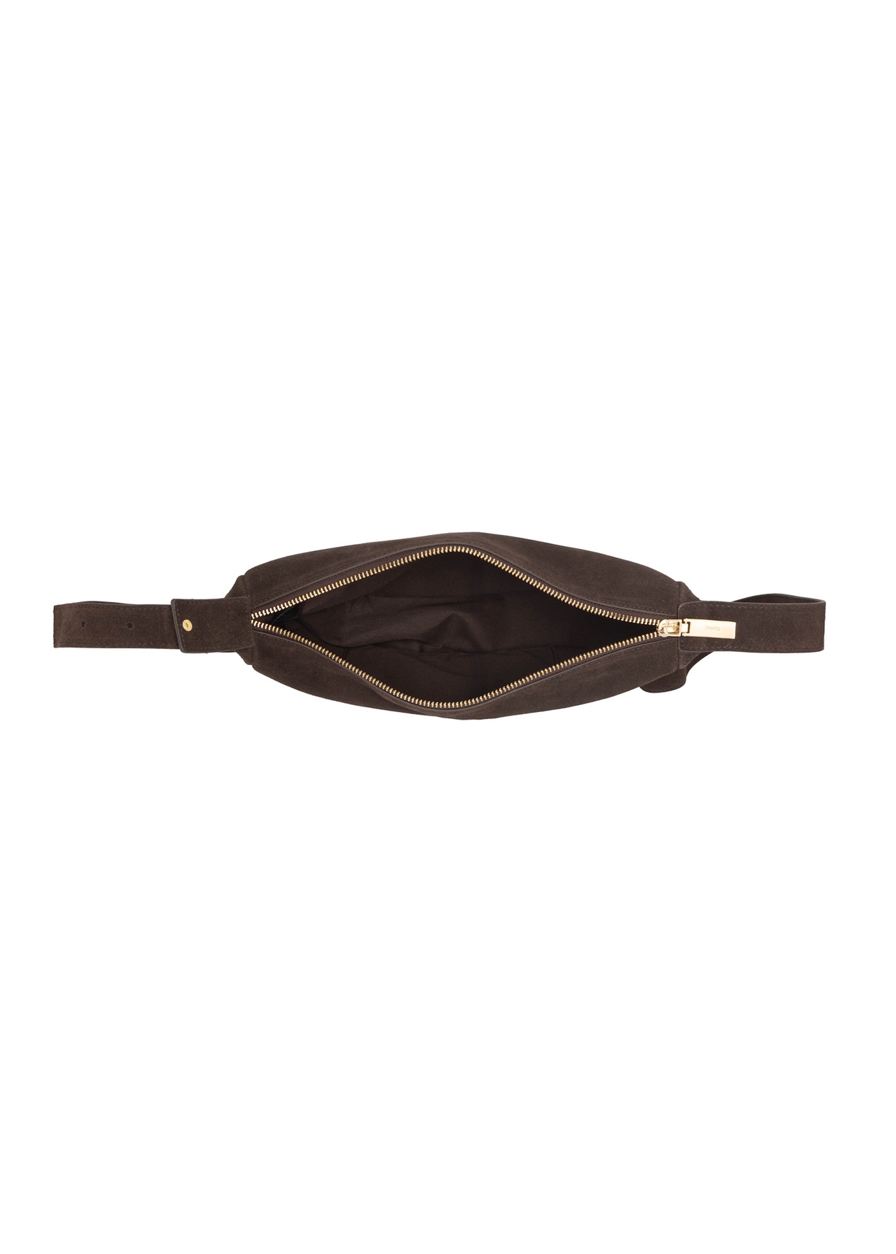 Dámska kožená polkruhová kabelka tmavohnedej farby TORES-1309-1I(W26), pohľad na produkt vo vnútri na bielom pozadí.