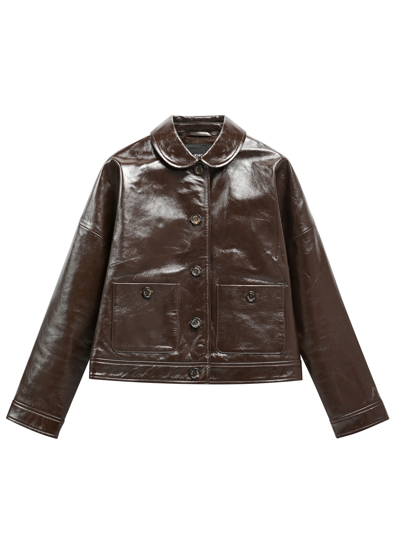 Dámska hnedá kožená krátka bunda KURDS-0593-1I(W26) - pohľad spredu na produkt, na bielom pozadí.