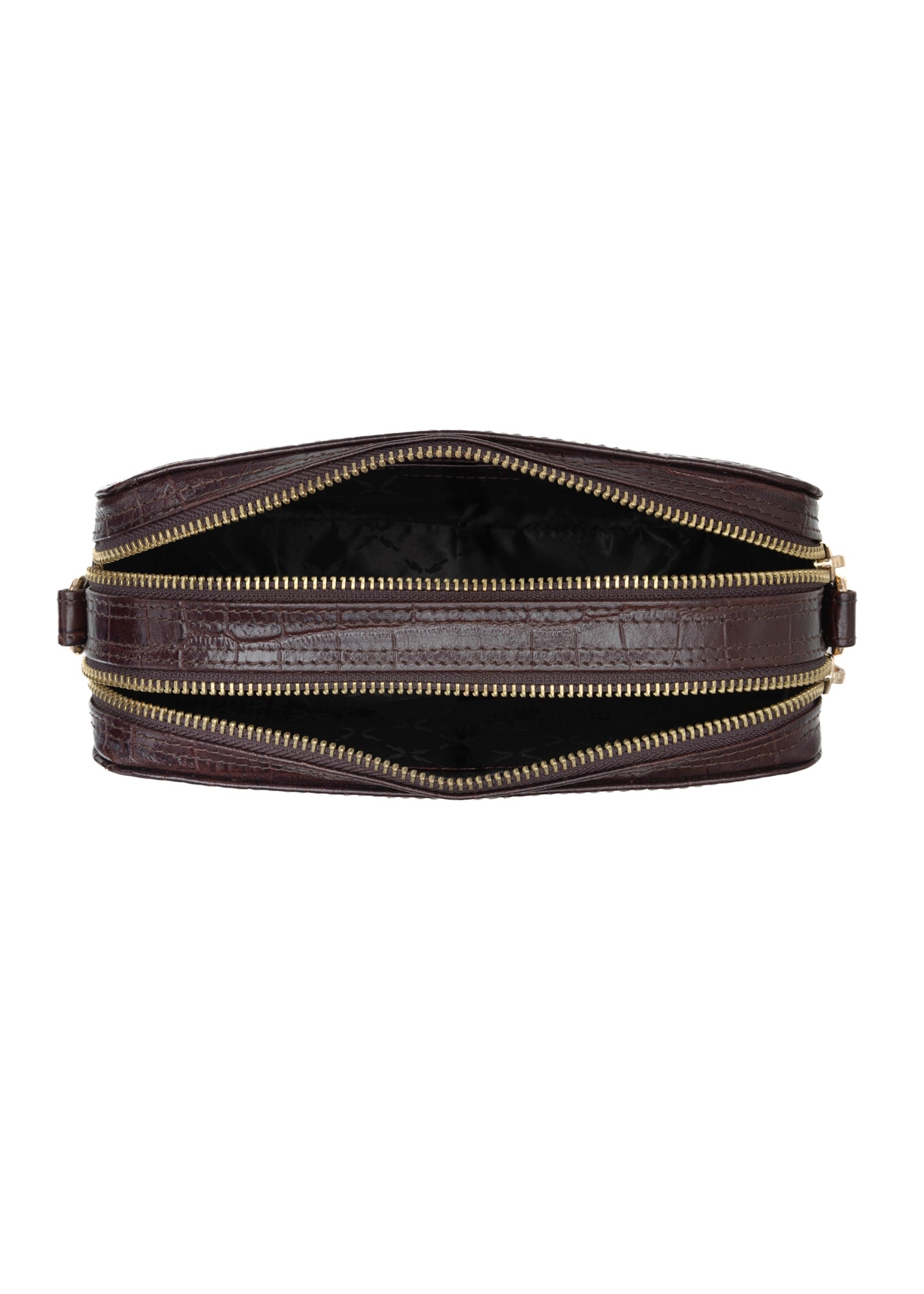 Malá hnedá kabelka z krokodílej kože TORES-1231-1H(W26), pohľad na produkt vo vnútri na bielom pozadí.