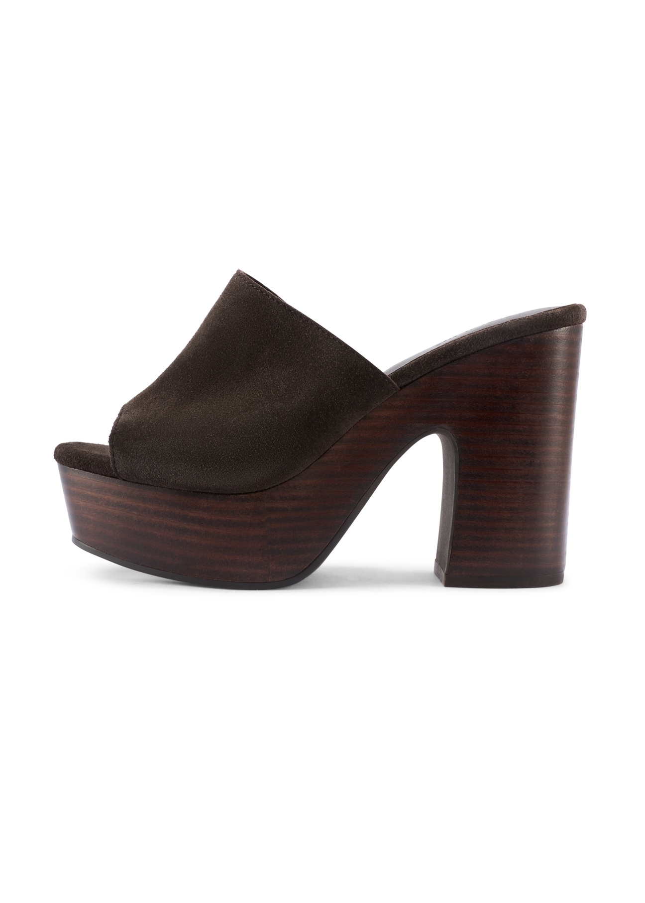 Dámske tmavohnedé kožené šľapky na blokovom podpätku BUTYD-1275-1I(W26), bočný pohľad na výrobok na bielom pozadí.