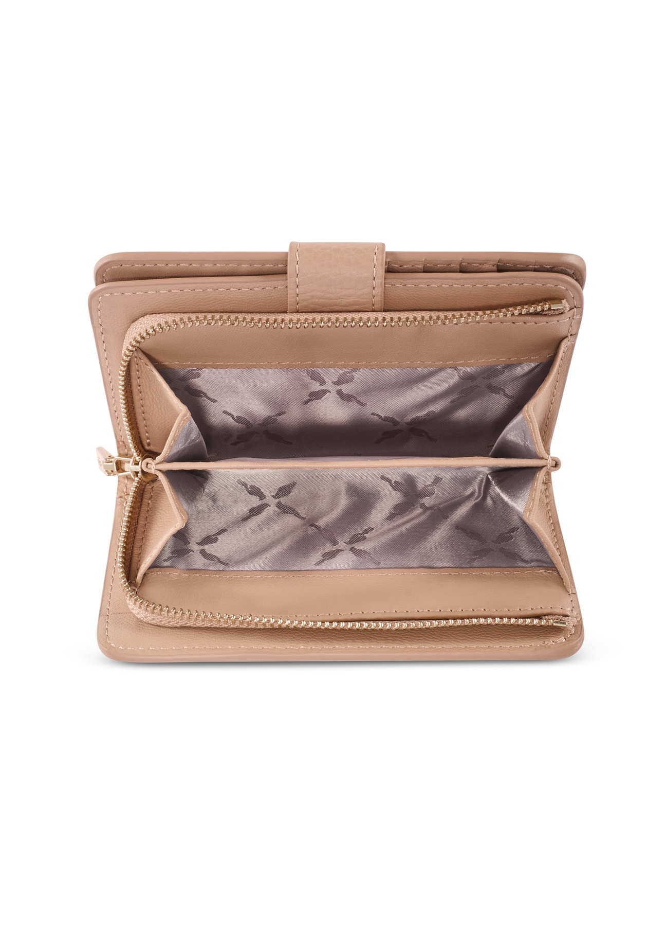 Stredne veľká béžová kožená dámska peňaženka PORES-0896R-1B(W26), pohľad na produkt zhora na bielom pozadí.