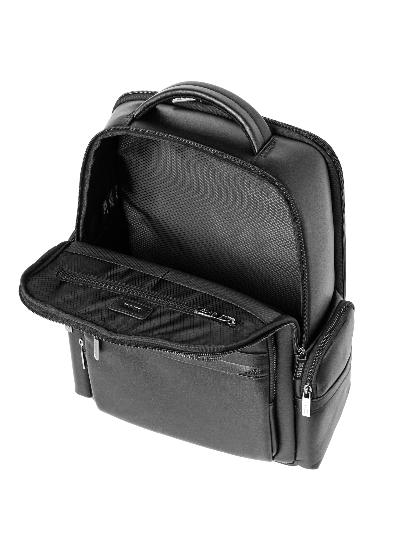 Čierny veľký pánsky batoh PLCMS-0026-99(Z26), pohľad na produkt zhora na bielom pozadí.