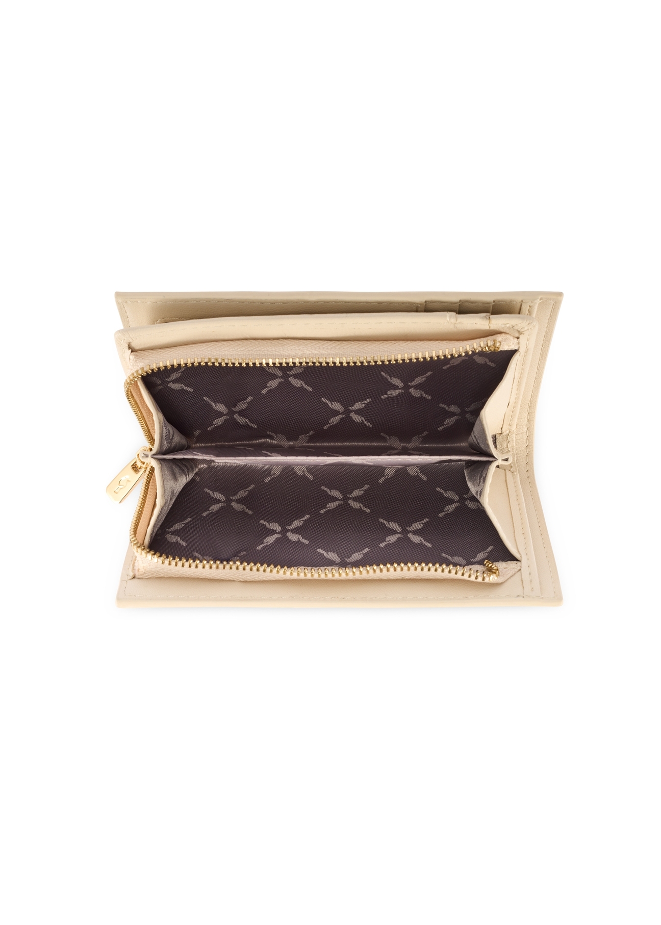 Dámska kožená peňaženka v krémovej farbe PORES-0980R-0B(W26), pohľad na produkt vo vnútri na bielom pozadí.