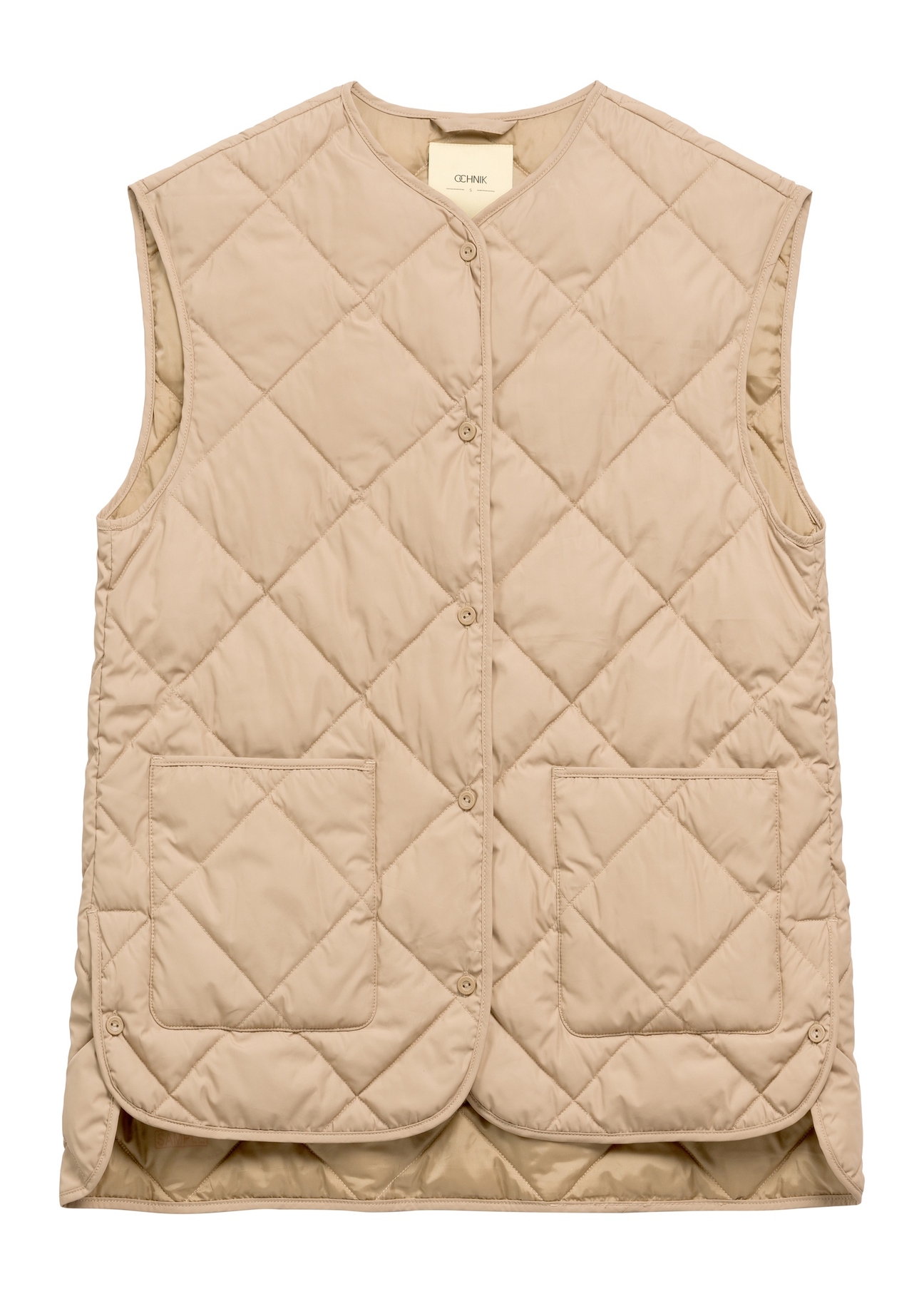 Béžová prešívaná dámska vesta KAMDT-0035-1C(W26) - pohľad spredu na produkt, na bielom pozadí.