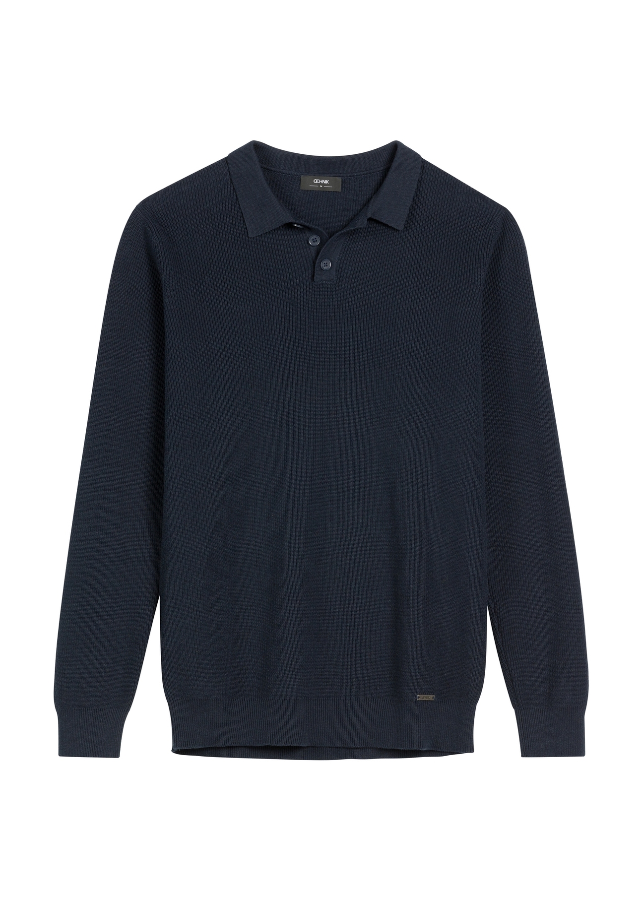 Pánsky bavlnený sveter v námorníckej modrej farbe SWEMT-0188-7E(W26) - pohľad spredu na produkt, na bielom pozadí.