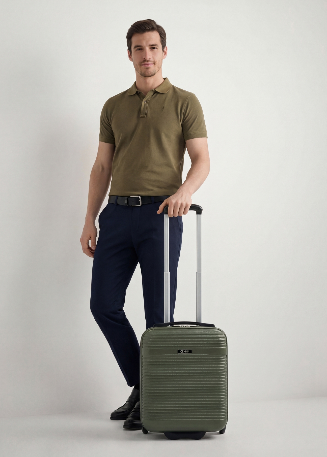 Príručný kufor na kolieskach WALAB-0040-55-16(W25), pohľad na produkt spredu vedľa modelu, viditeľný je celý model.