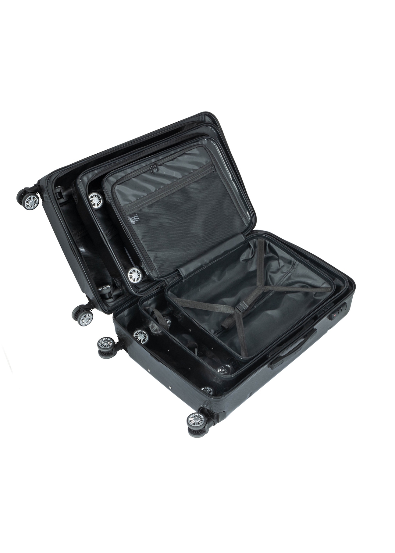 Sada kufrov na kolieskach 19'/24'/28' WALPC-0014-99(W26), pohľad na produkty vo vnútri na bielom pozadí.