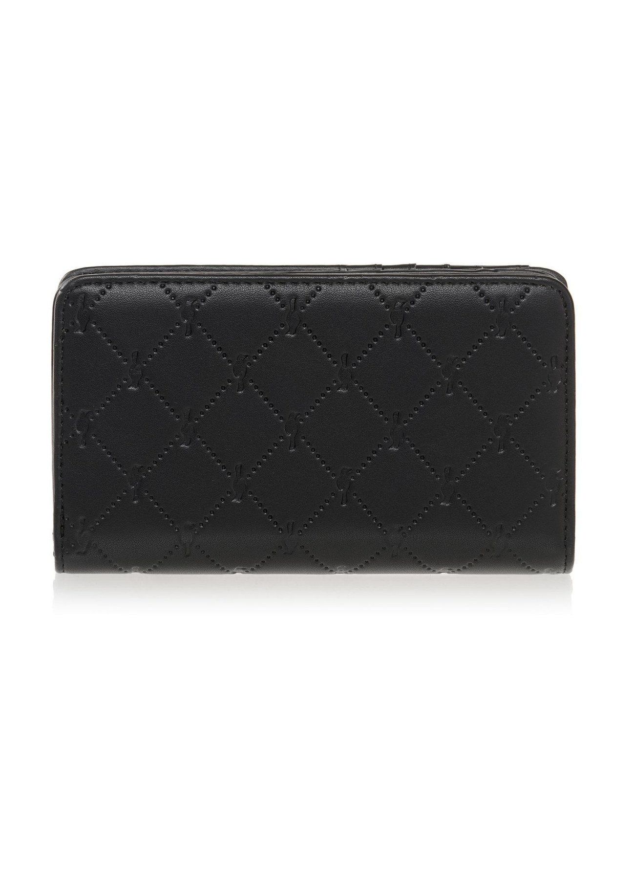 Čierna dámska peňaženka s monogramom POREC-0348A-99(Z25), pohľad zozadu na produkt na bielom pozadí.