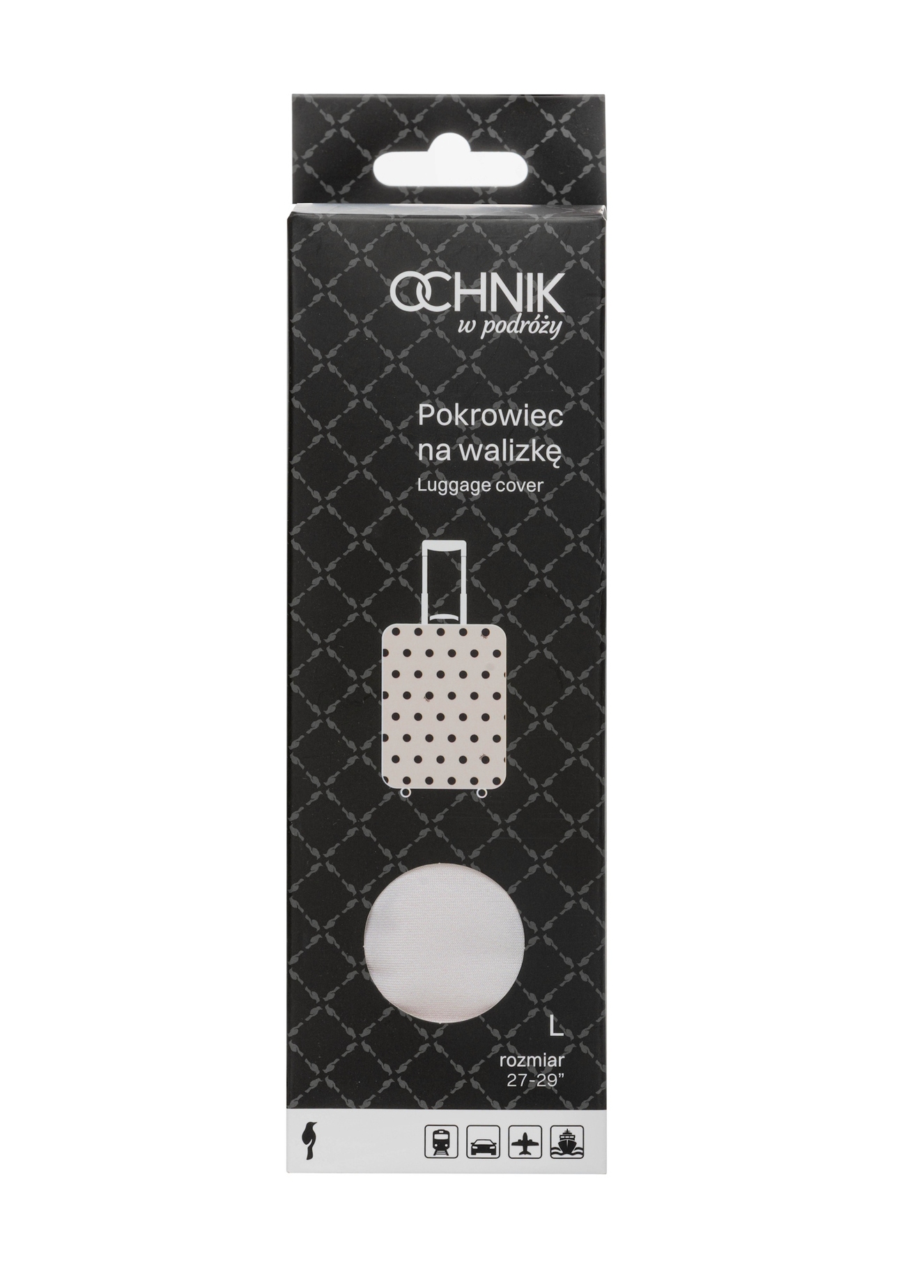 Veľký obal na kufor s bodkami AW-013-0007-0P-L(W26), pohľad spredu na výrobok v balení.