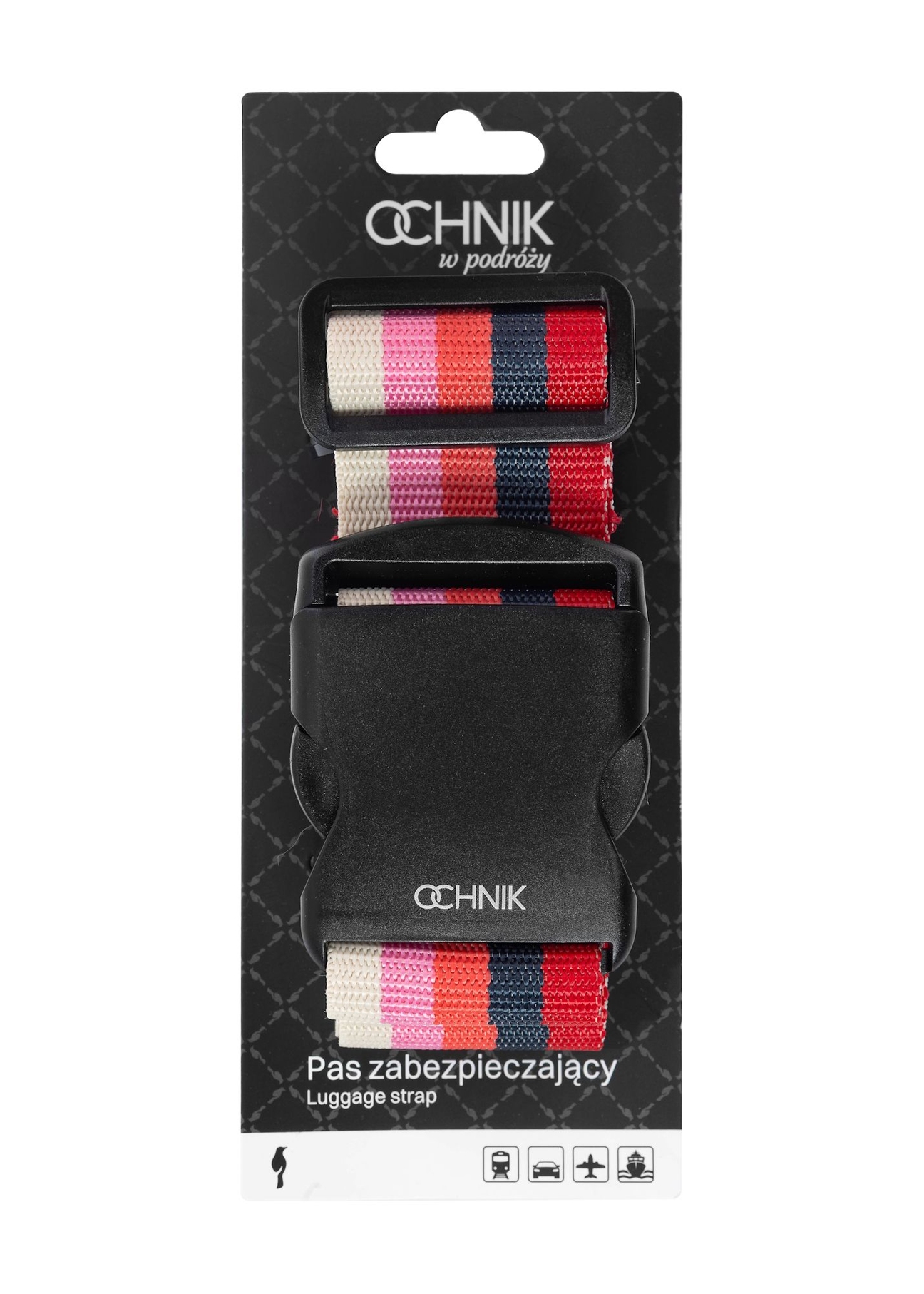 Batožinový pás AW-011-0001-18(W25), pohľad spredu na produkt v balení na bielom pozadí.