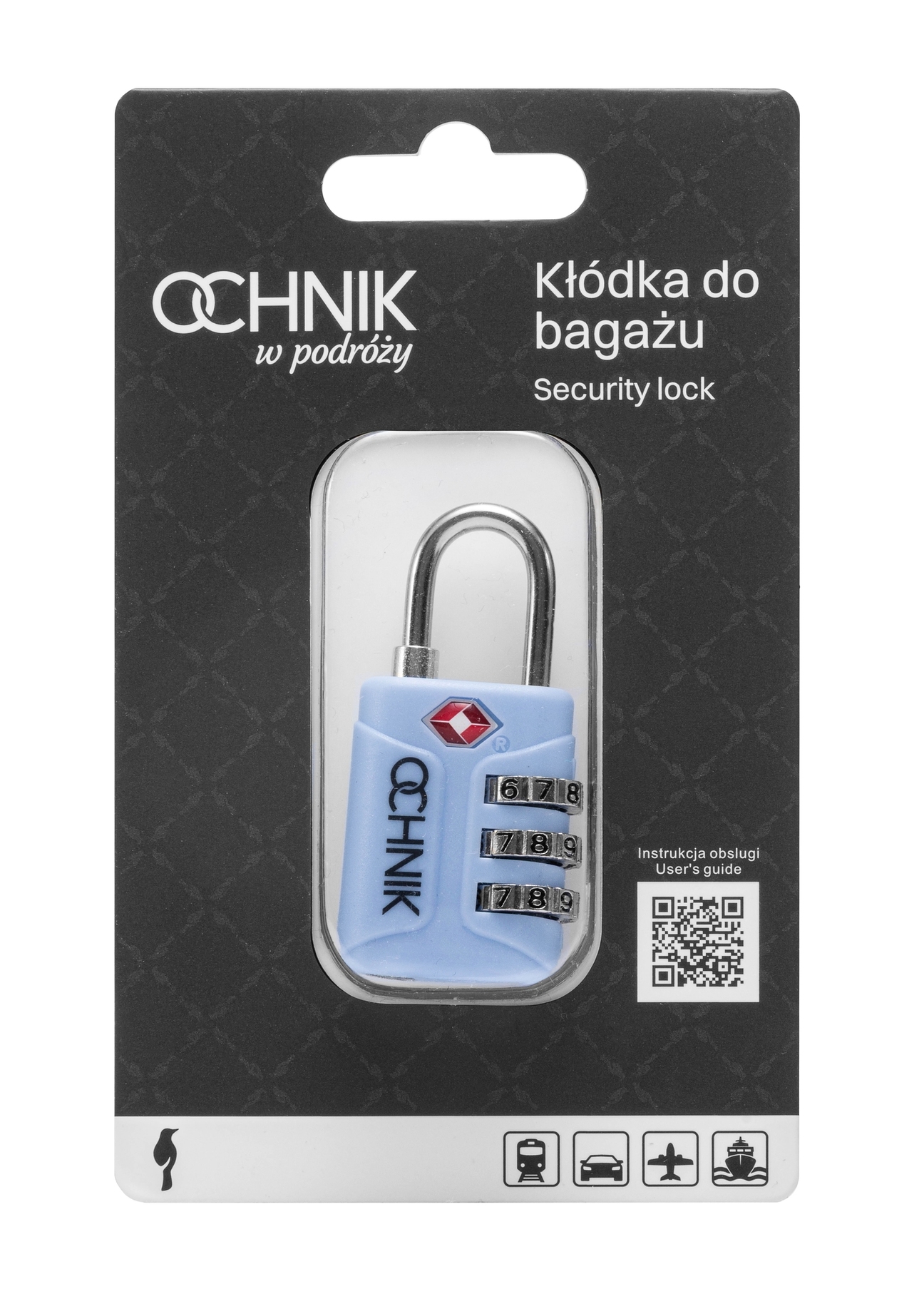 Modrý kombinovaný zámok TSA AW-015-0003-61(W25), pohľad na produkt v balení na bielom pozadí.