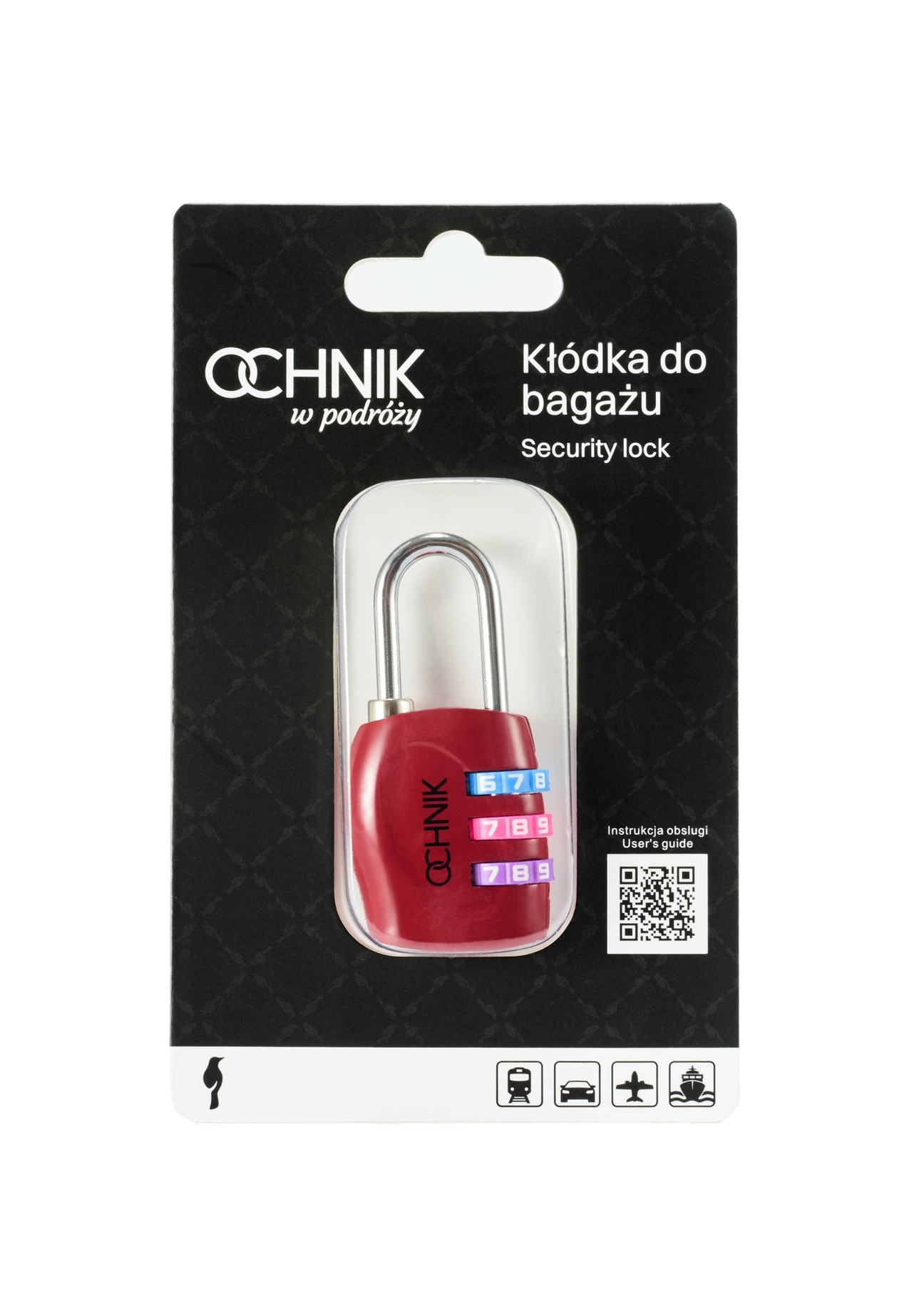 Červený kombinovaný zámok AW-015-0001-41(W25), pohľad spredu na výrobok v balení na bielom pozadí.