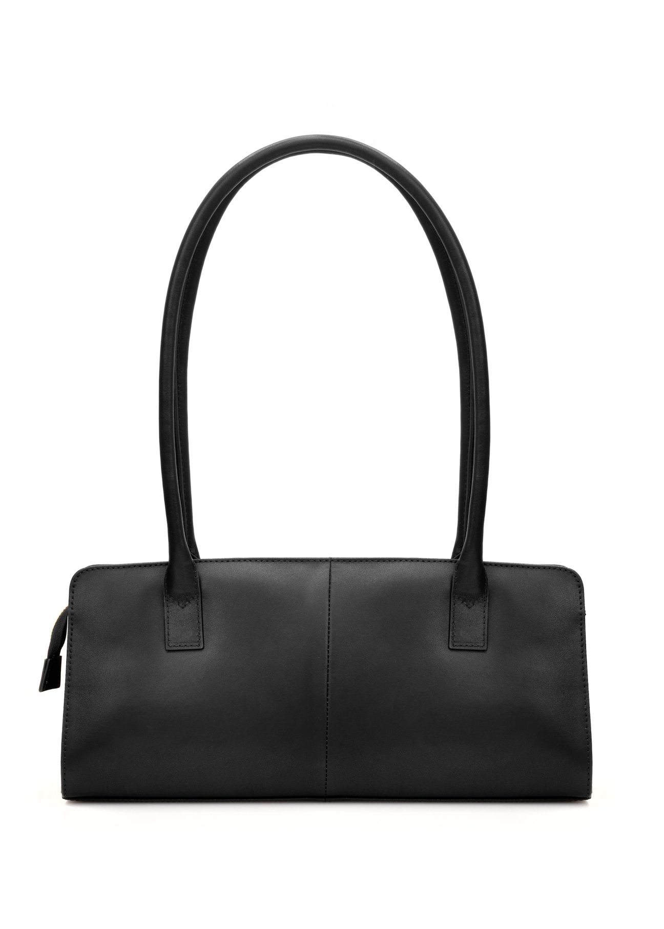 Čierna kožená podlhovastá dámska kabelka TORES-1259-99(W26), pohľad na produkt zozadu na bielom podklade.