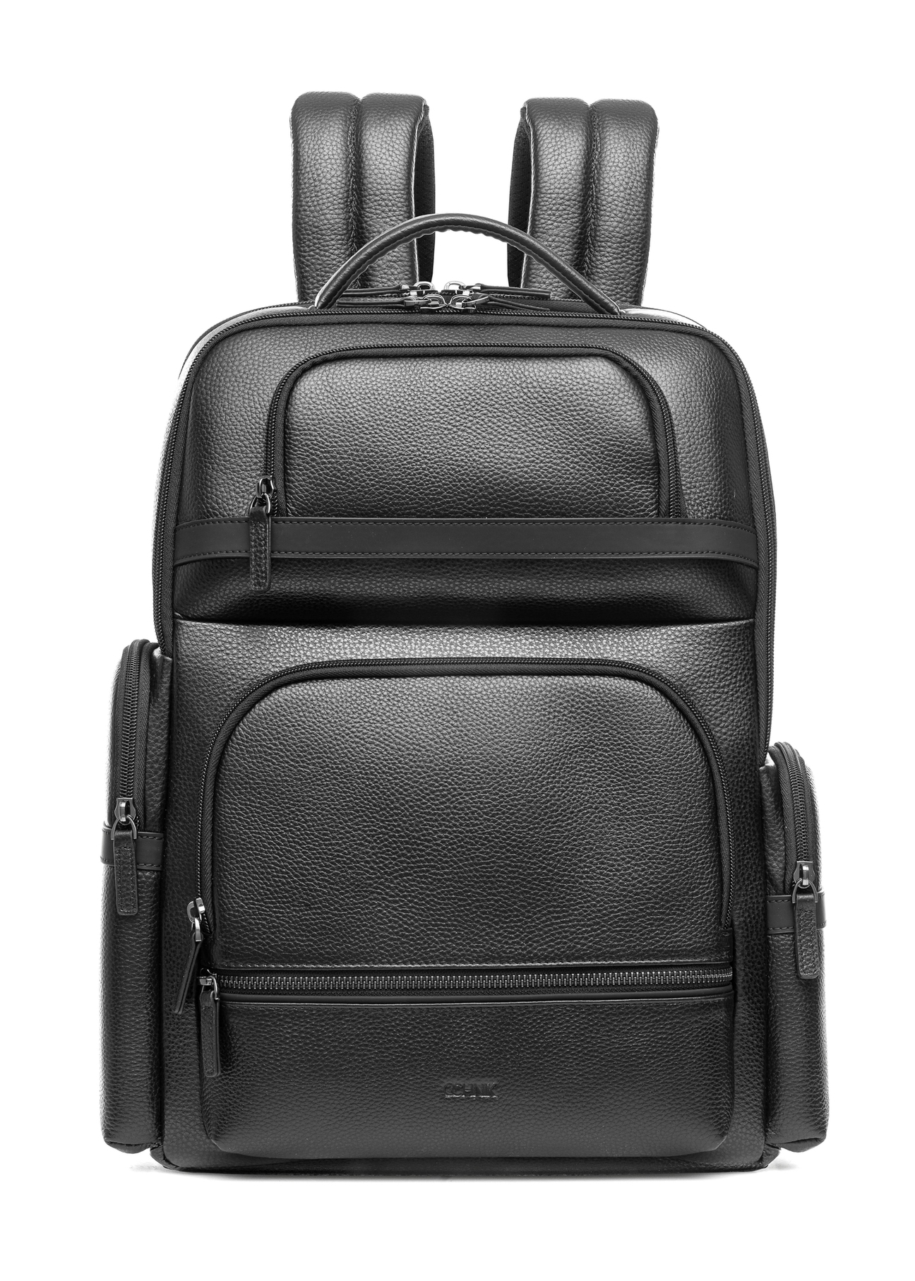 Čierny priestranný pánsky batoh PLCMS-0022-99(Z25), pohľad na produkt spredu na bielom pozadí.