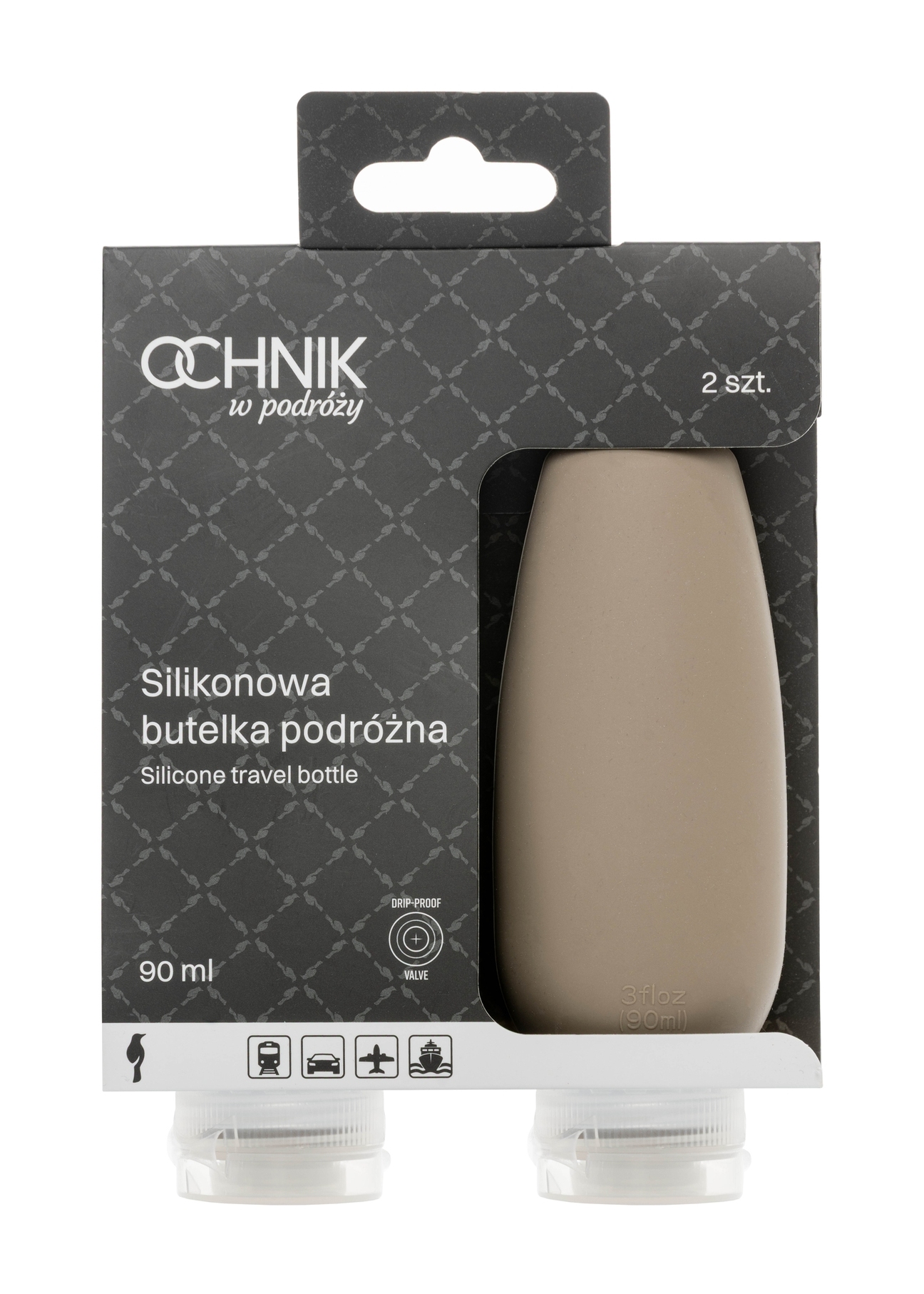 Fľaštičky na cestovnú kozmetiku AW-016-0001-1K(W26), pohľad spredu na produkt v balení na bielom pozadí.