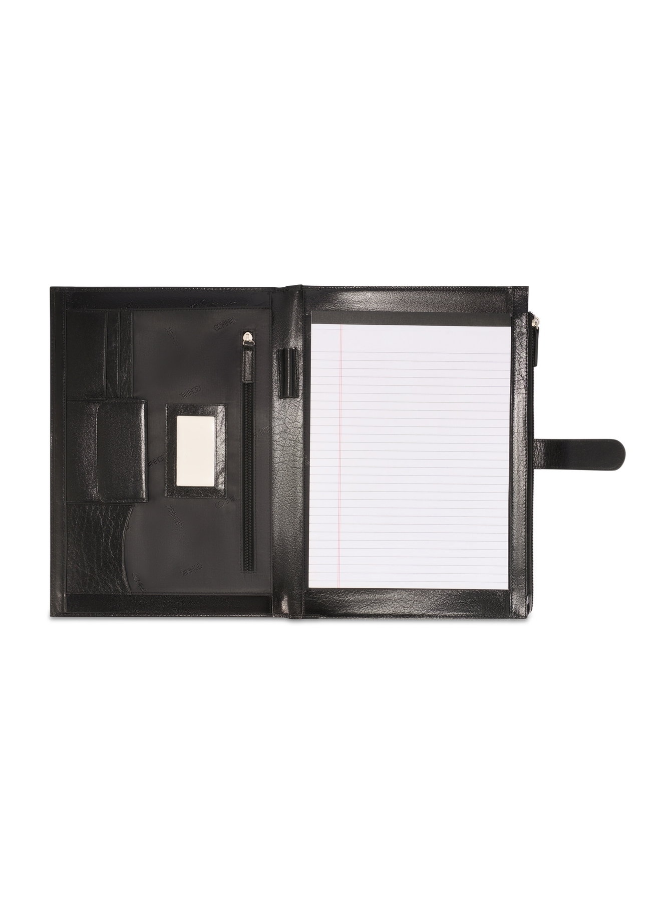 Čierna kožená pánska aktovka TORMS-0480-99(Z25), pohľad na produkt zvnútra na bielom pozadí.