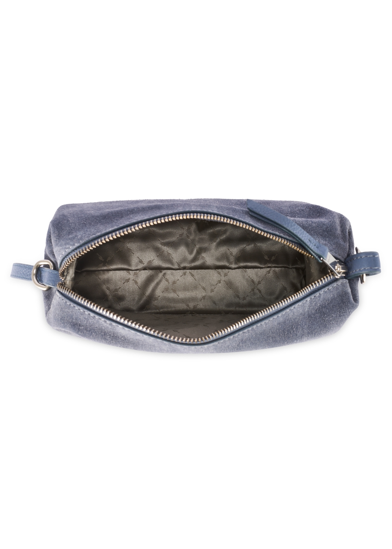 Dámska semišová kabelka v námorníckej modrej farbe TORES-1249-7C(W26) - pohľad na produkt zhora, na bielom pozadí.