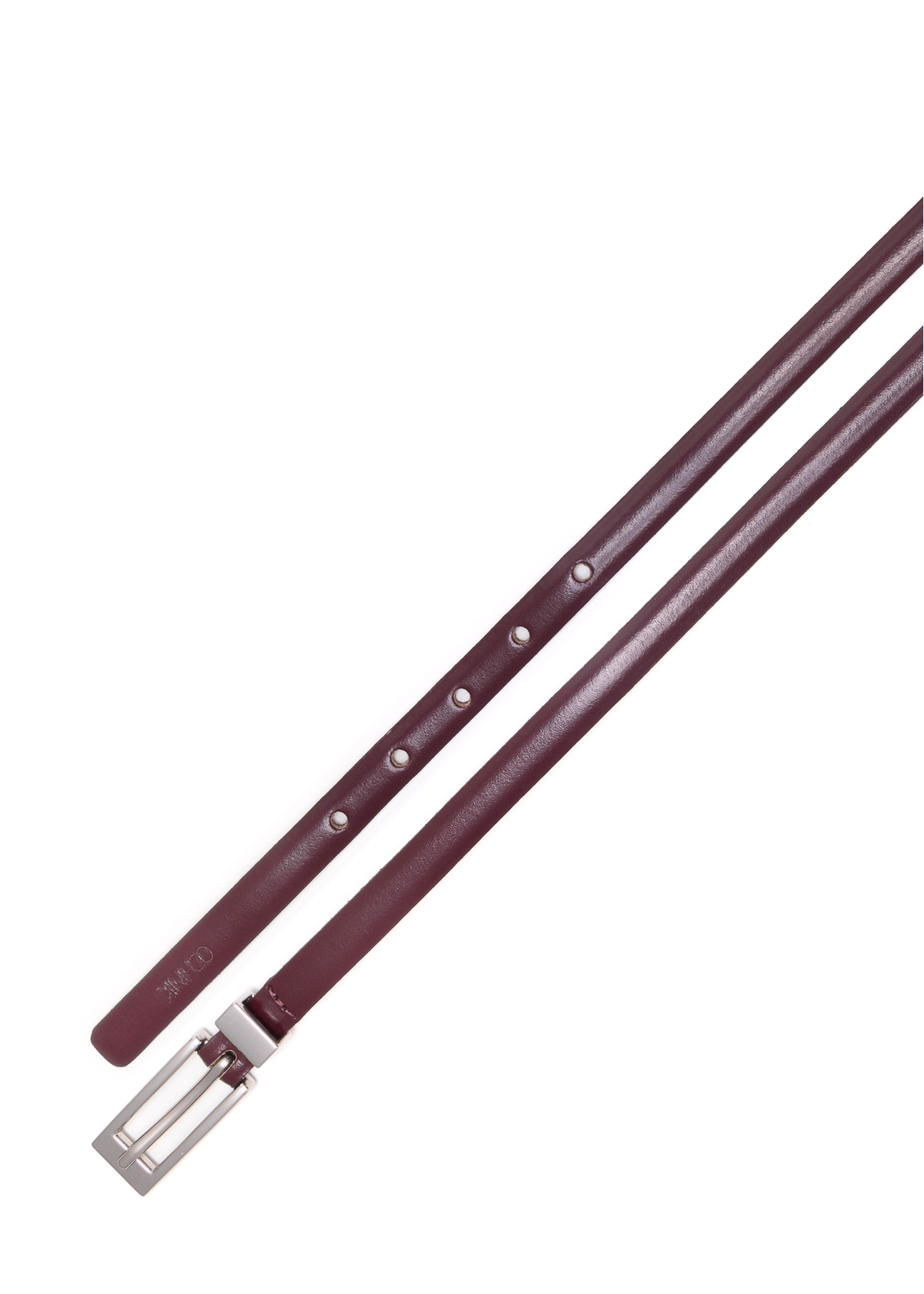 Tenký dámsky kožený opasok bordovej farby PASDS-0150C-49(Z25), pohľad zhora na produkt na bielom pozadí.
