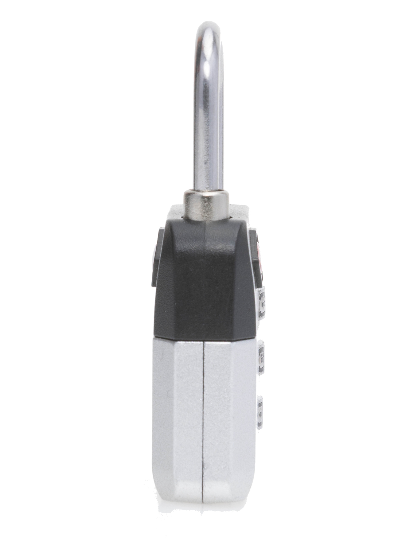 Strieborný kombinovaný zámok TSA AW-015-0004-92(W25), bočný pohľad na produkt na bielom pozadí.