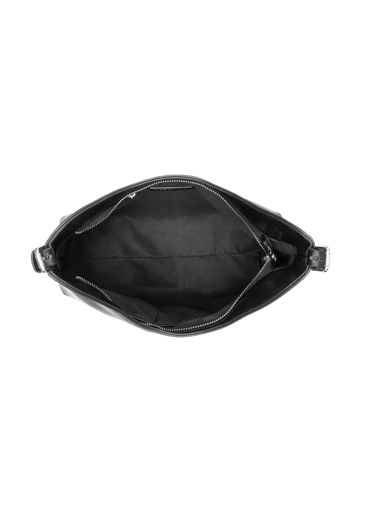 Schwarze Damenhandtasche mit Schmuckakzent TOREC-1325-99(Z26), Produktansicht innen vor hellem Hintergrund.