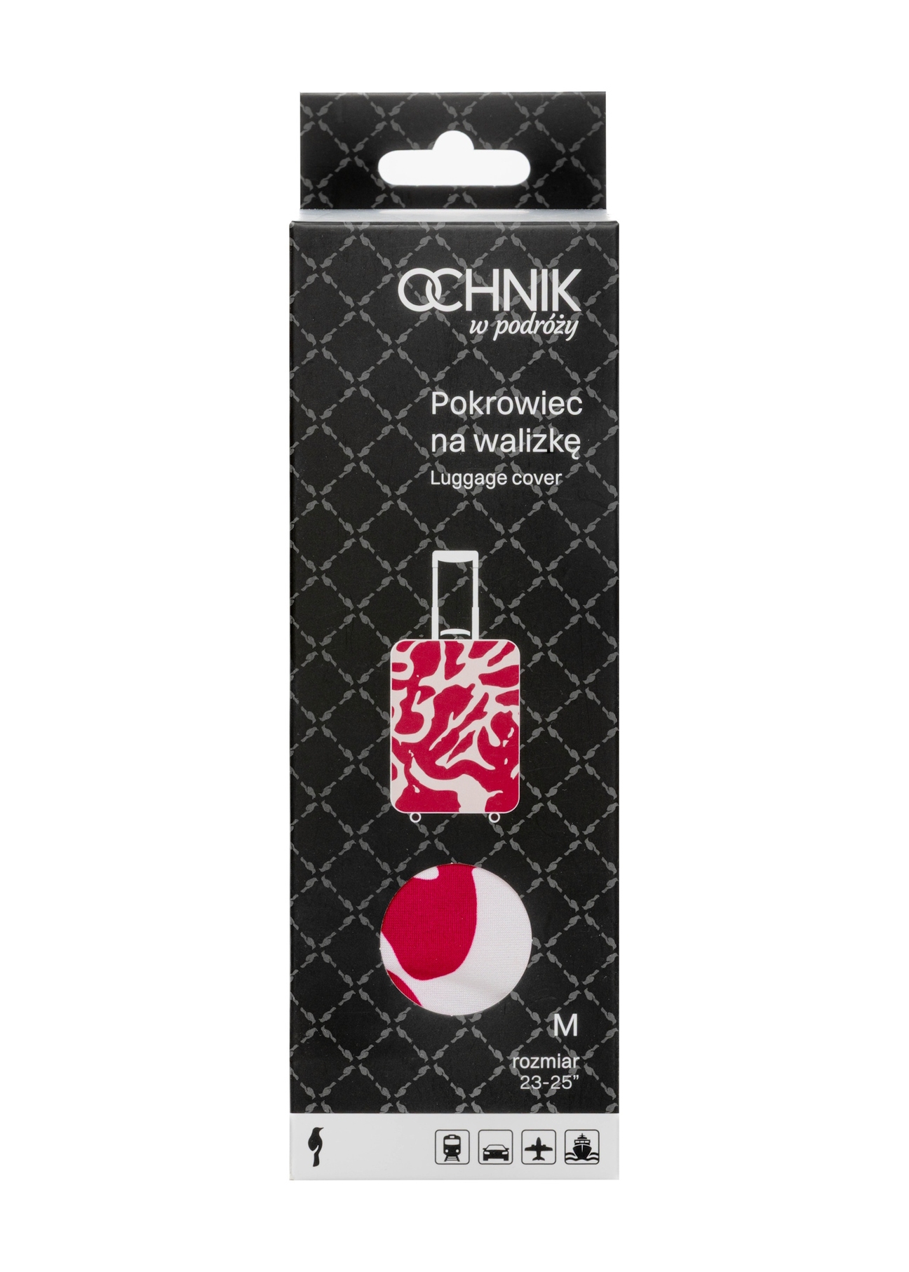 Ružový obal na veľký kufor AW-013-0007-5P-L(W26), pohľad na produkt v balení na bielom pozadí.